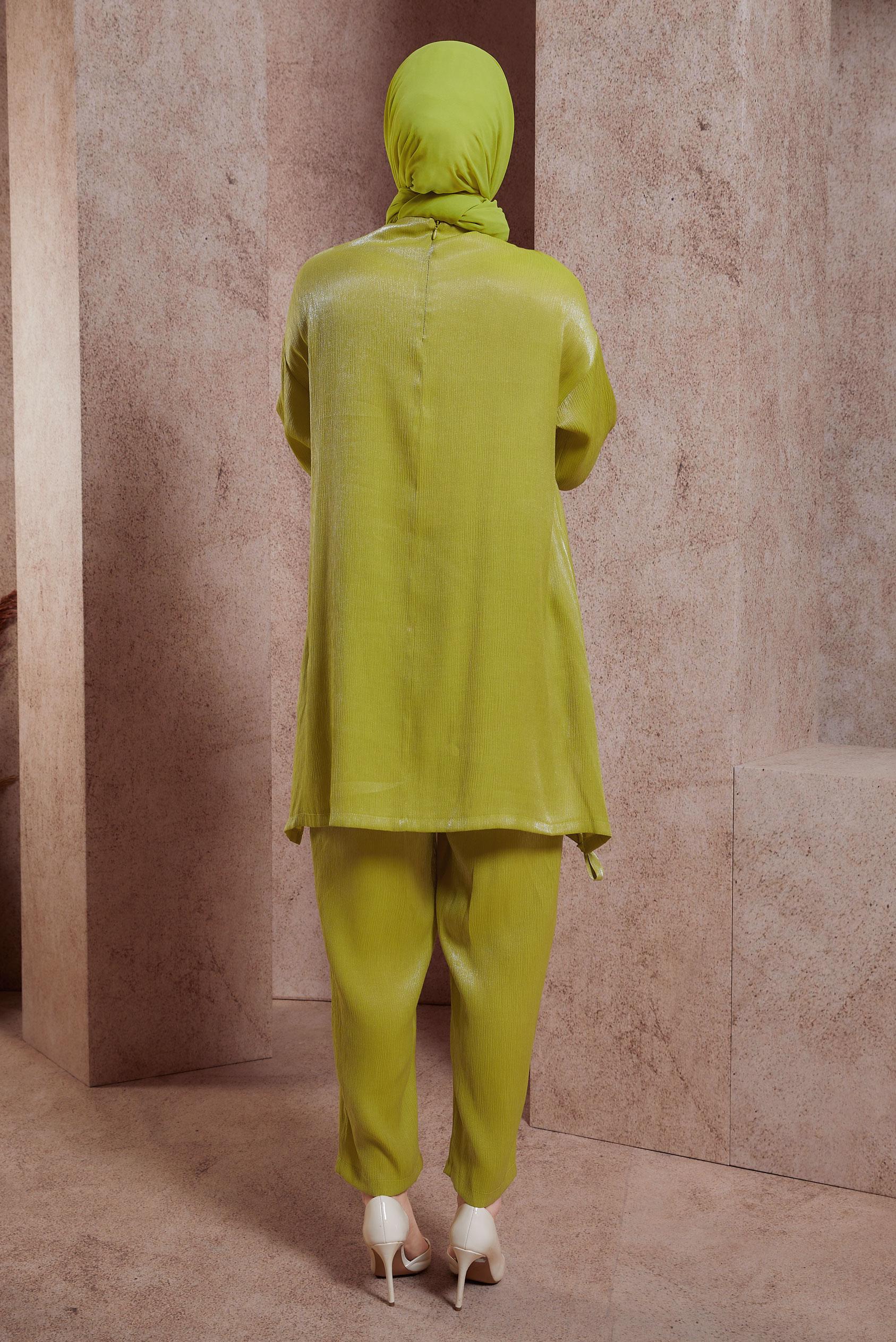 Tesettür giyim YEŞİL AKSESUAR DETAYLI PANTOLONLU TAKIM 44542