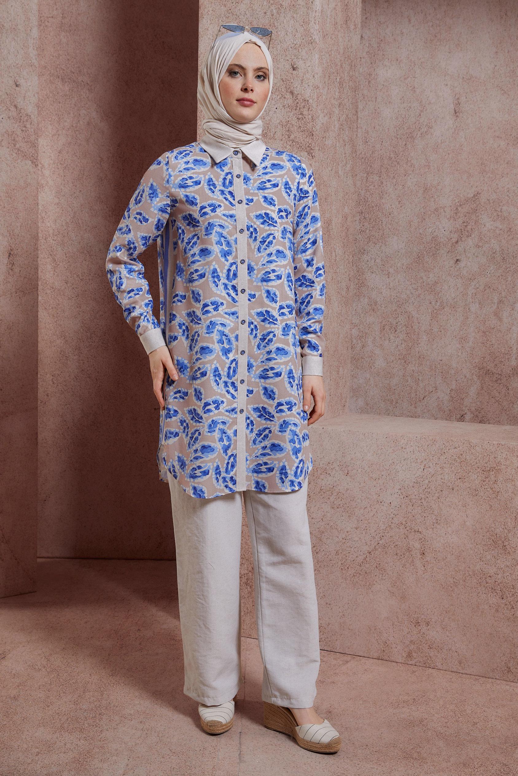 Tesettür giyim BEJ DESENLİ PANTOLONLU TAKIM 44550