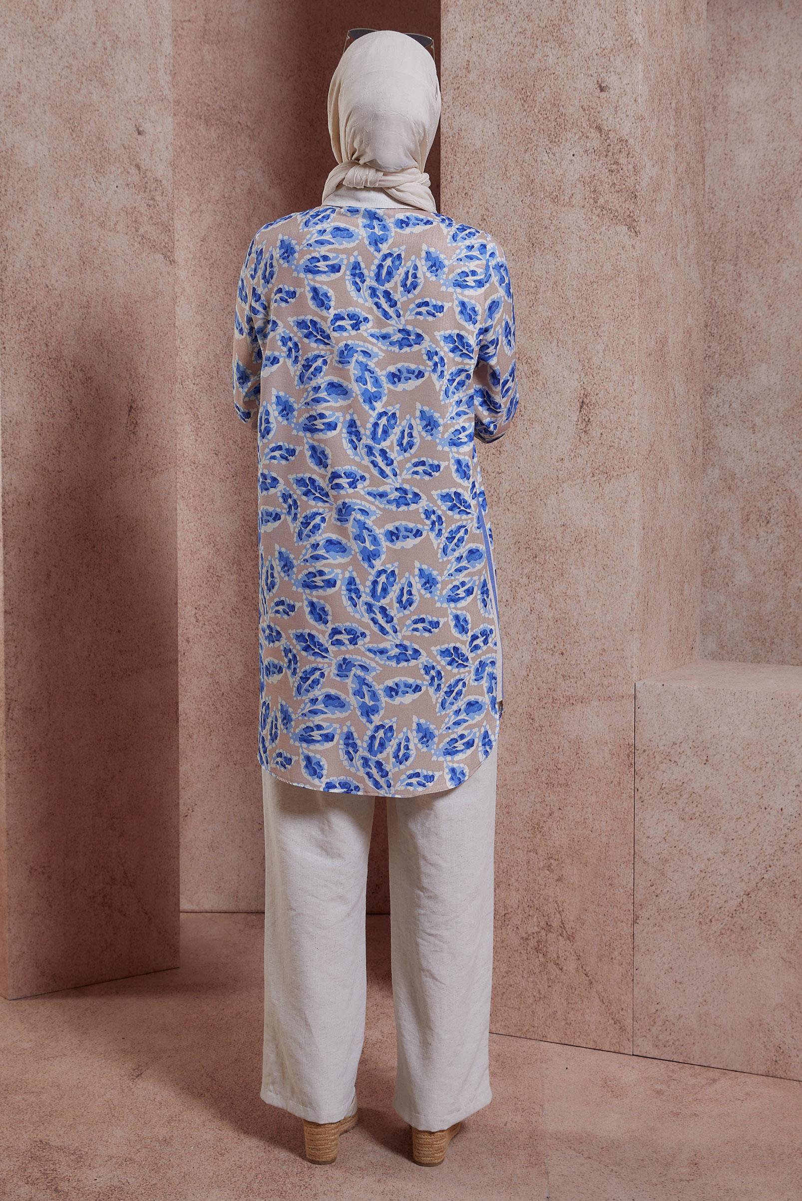 Tesettür giyim BEJ DESENLİ PANTOLONLU TAKIM 44550