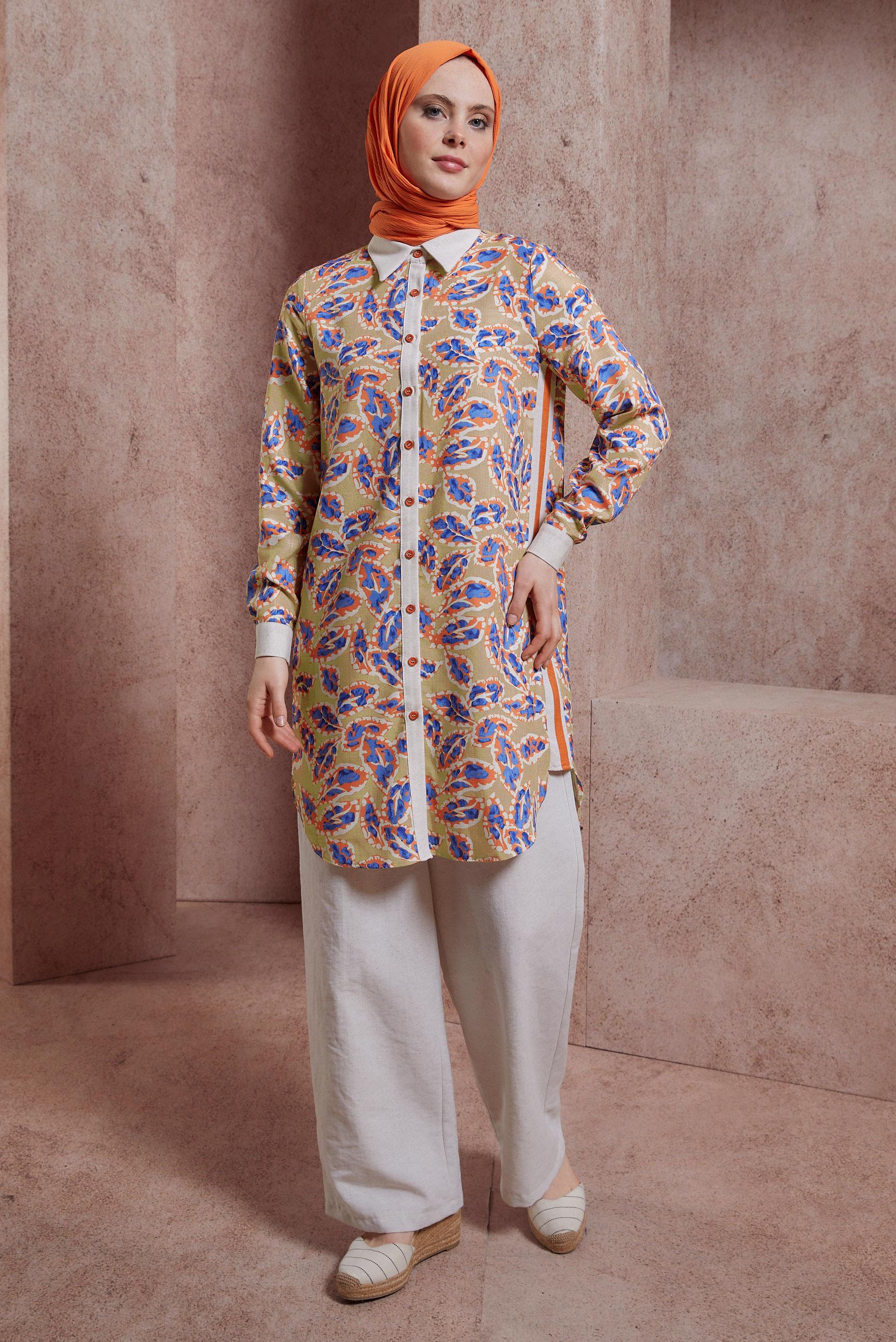 Tesettür giyim TURUNCU DESENLİ PANTOLONLU TAKIM 44550