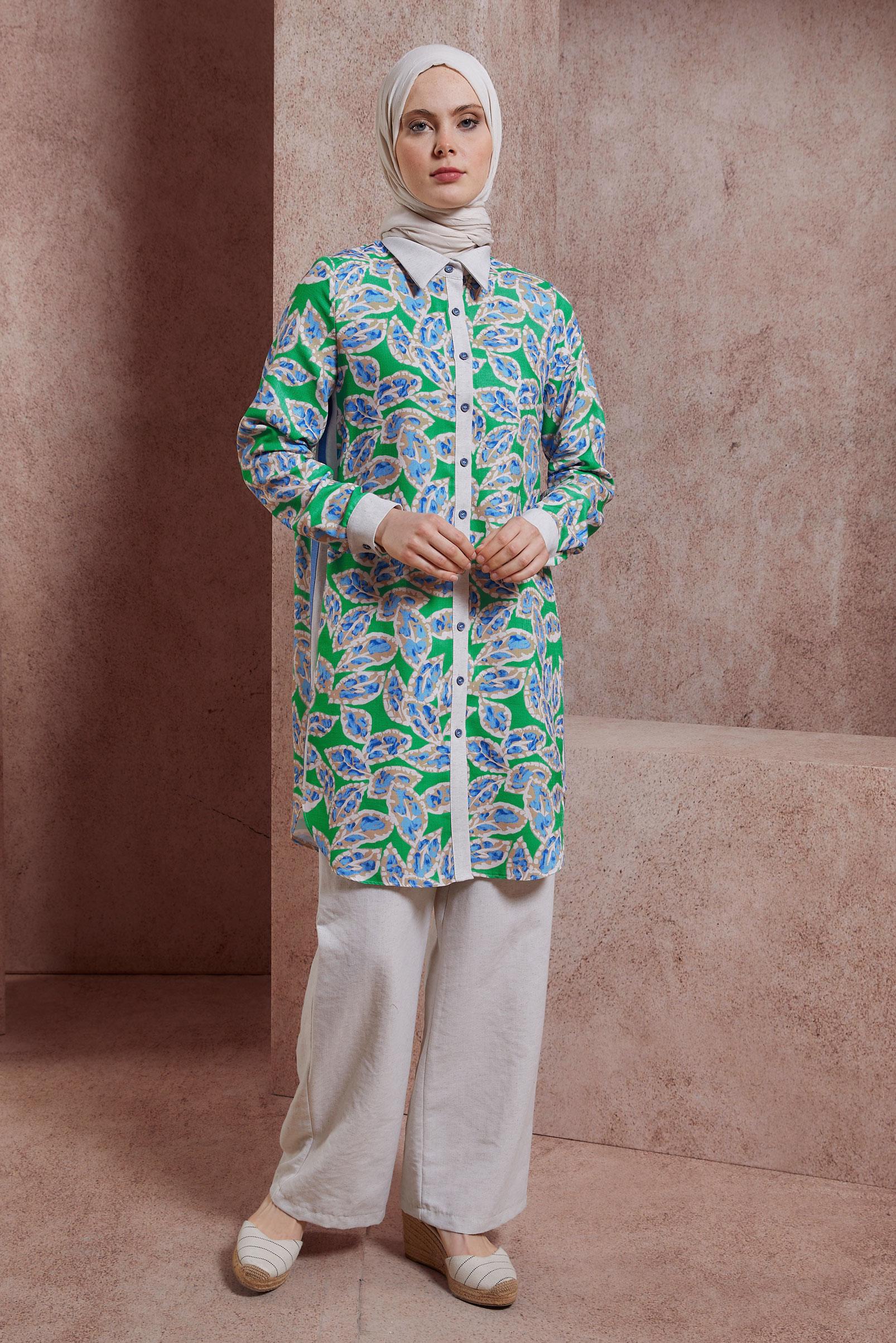 Tesettür giyim YEŞİL DESENLİ PANTOLONLU TAKIM 44550