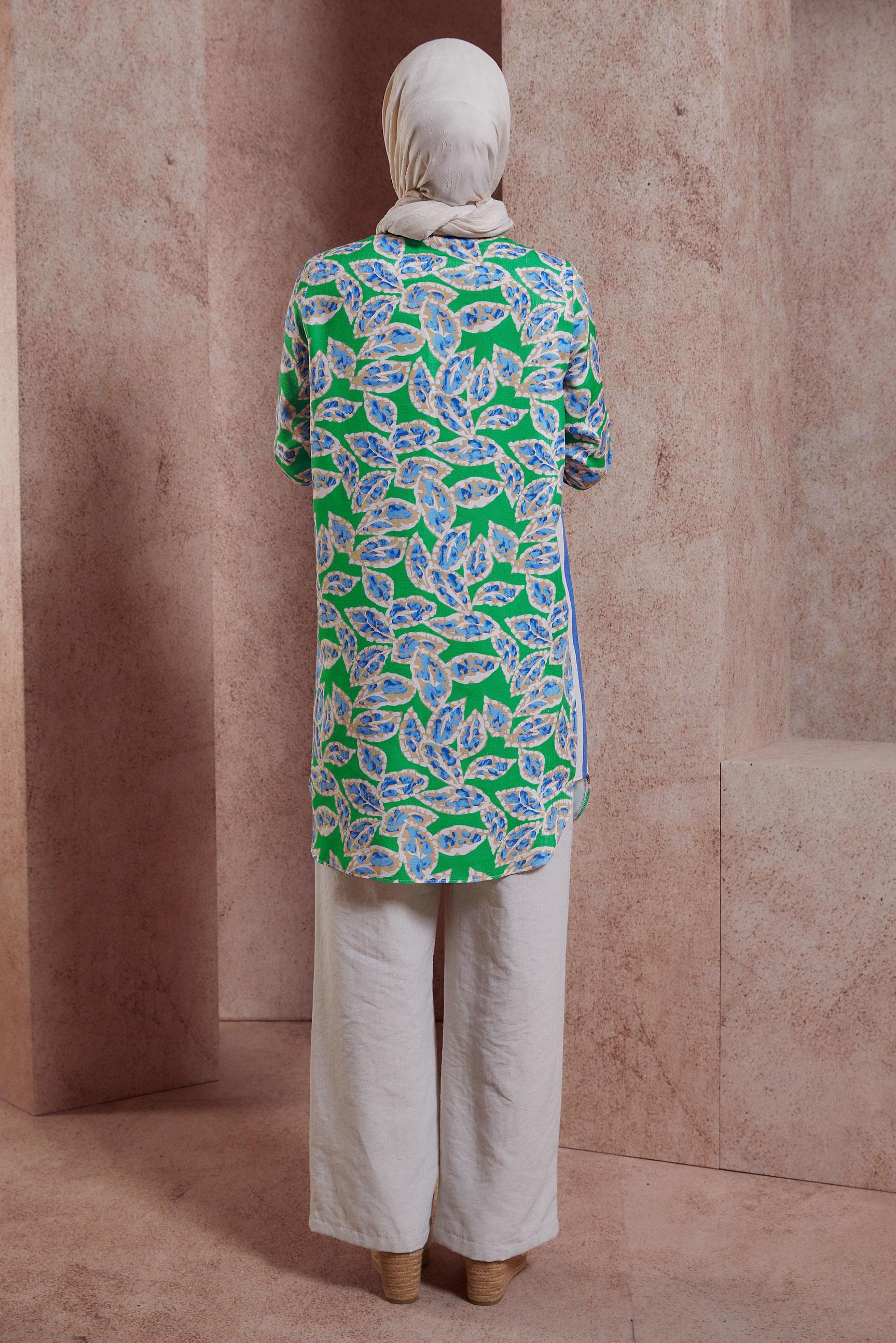 Tesettür giyim YEŞİL DESENLİ PANTOLONLU TAKIM 44550