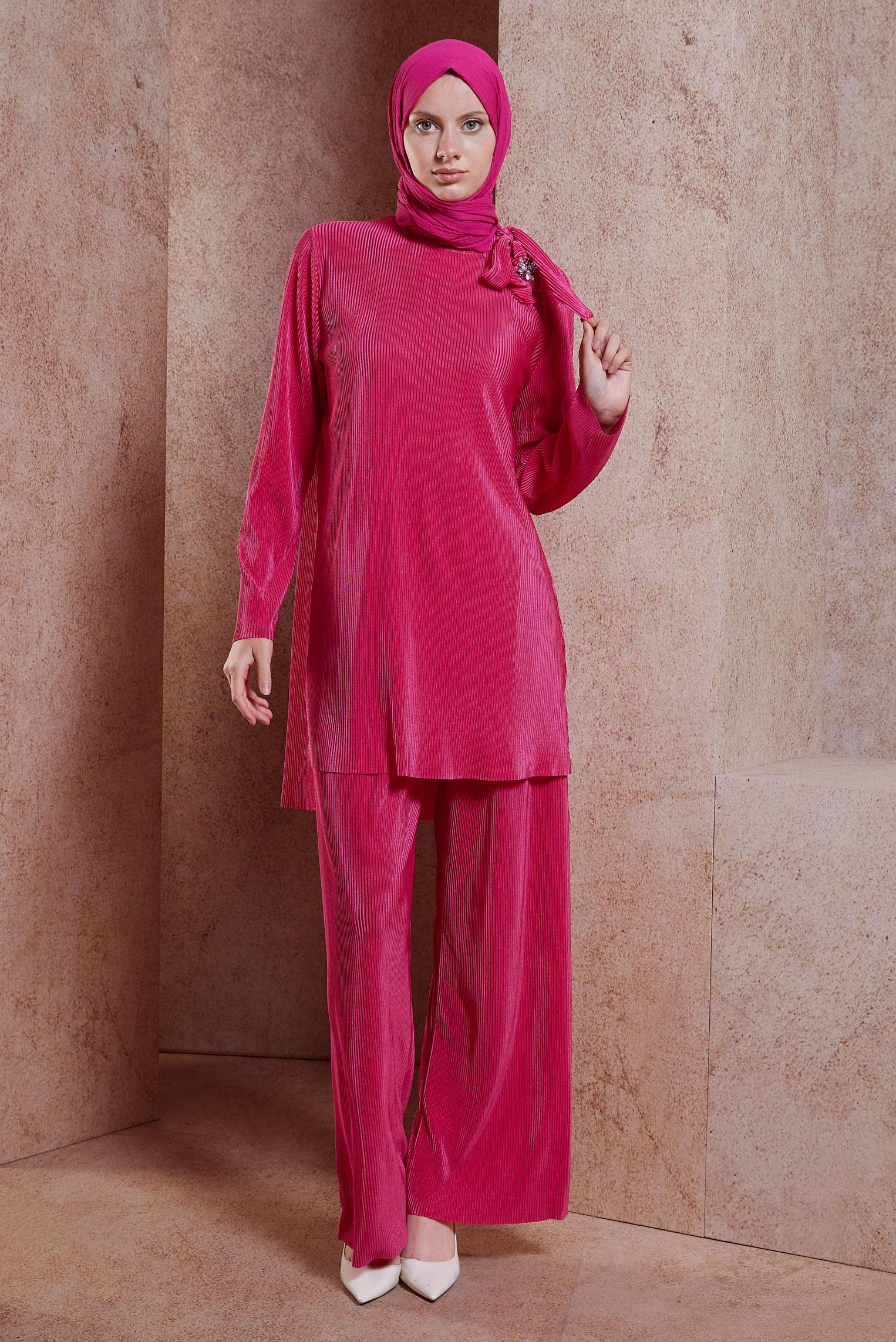 Tesettür giyim FUŞYA PİLİSELİ PANTOLONLU TAKIM 44690