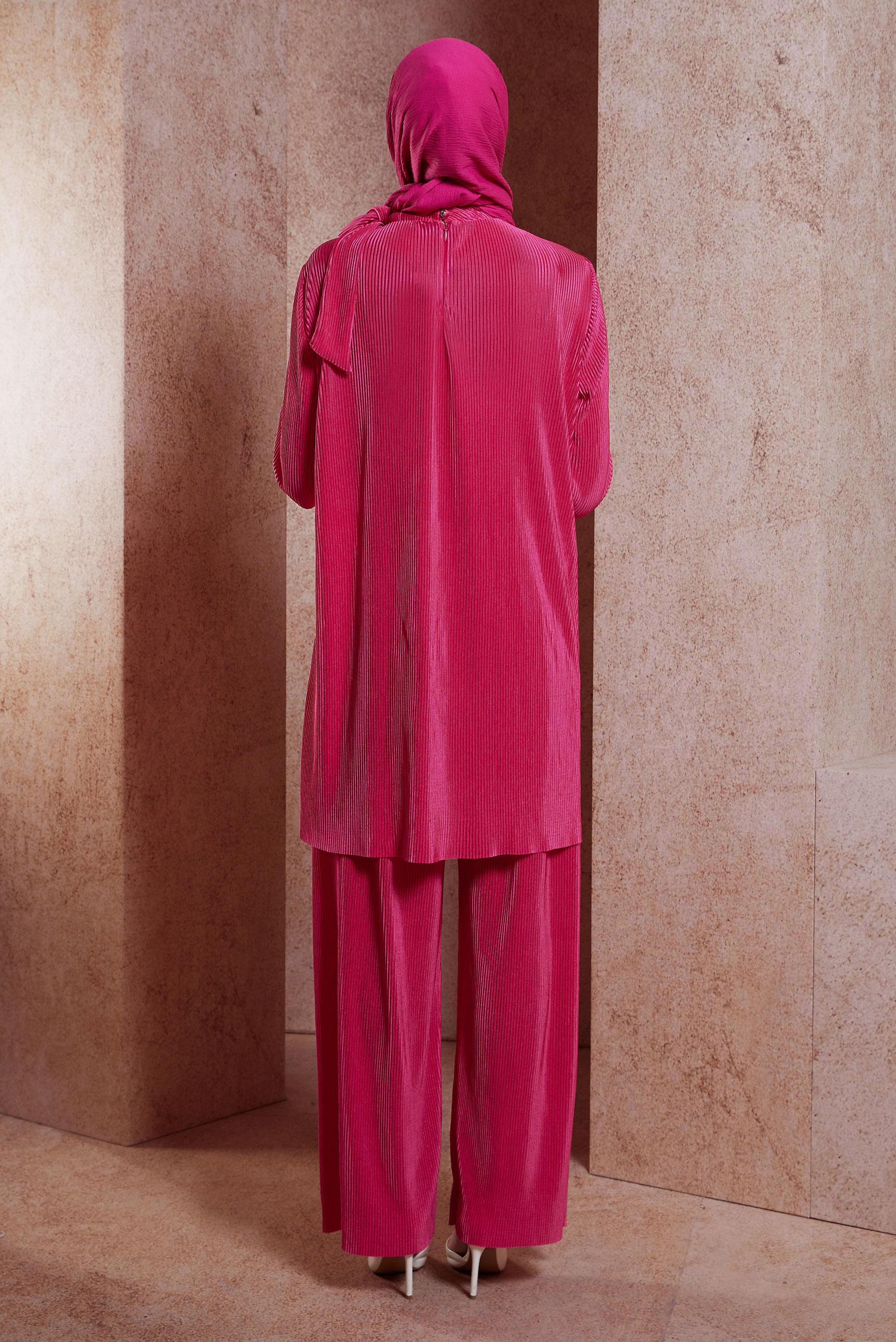 Tesettür giyim FUŞYA PİLİSELİ PANTOLONLU TAKIM 44690