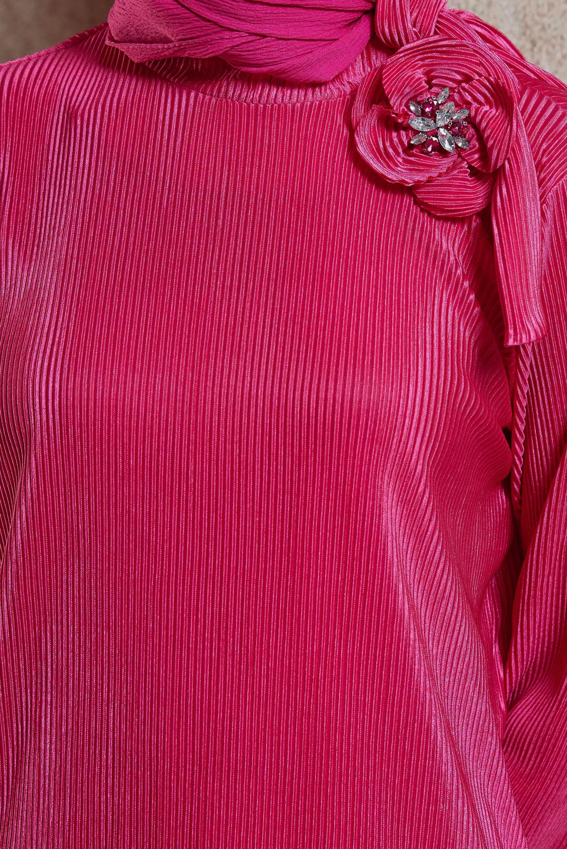 Tesettür giyim FUŞYA PİLİSELİ PANTOLONLU TAKIM 44690