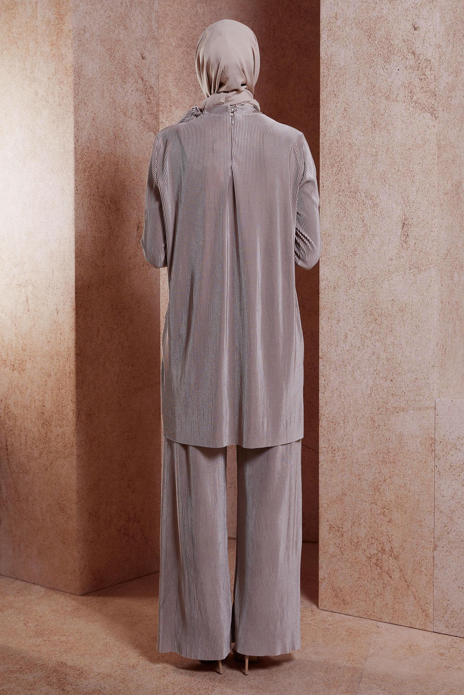 Tesettür giyim VİZON PİLİSELİ PANTOLONLU TAKIM 44690