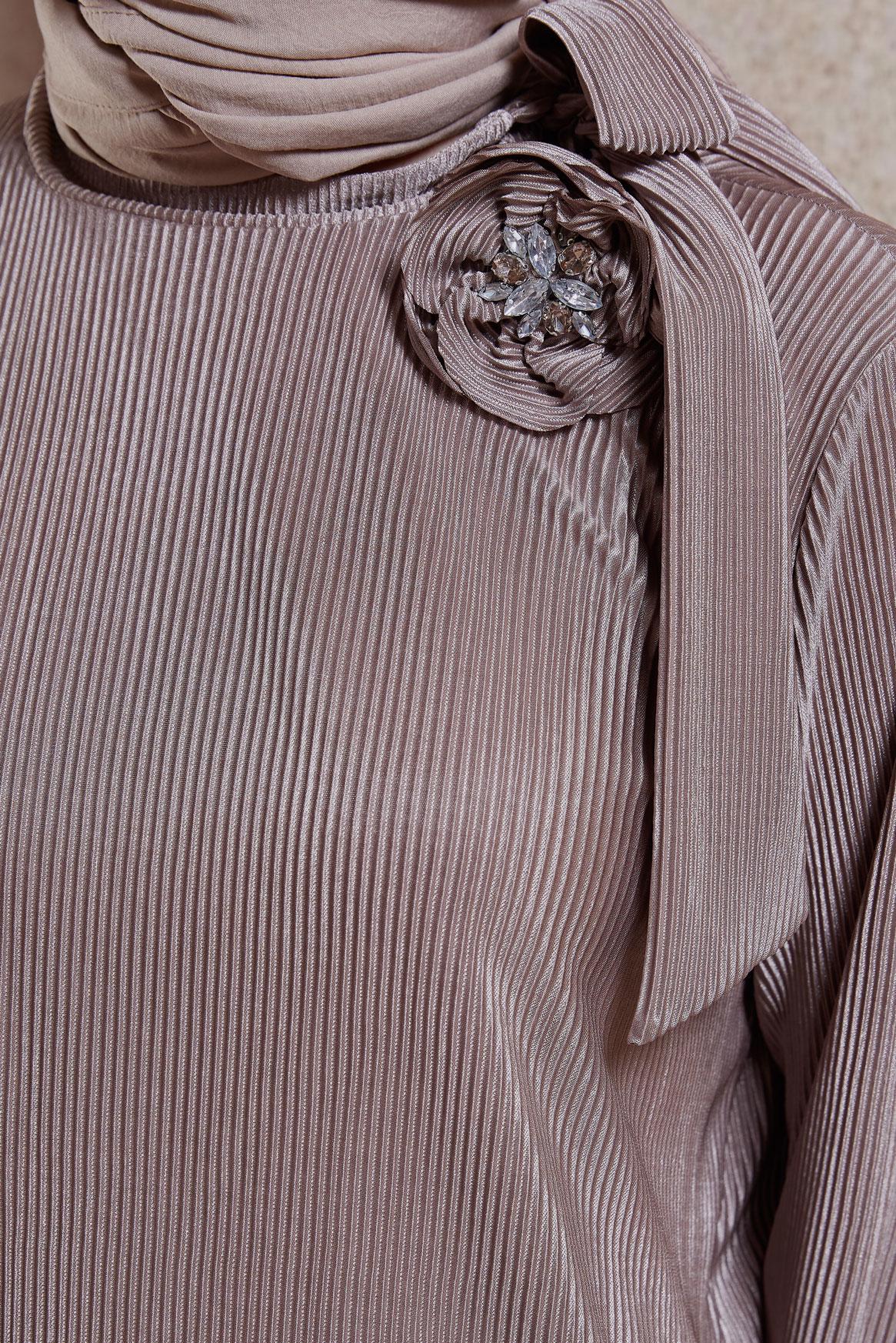 Tesettür giyim VİZON PİLİSELİ PANTOLONLU TAKIM 44690