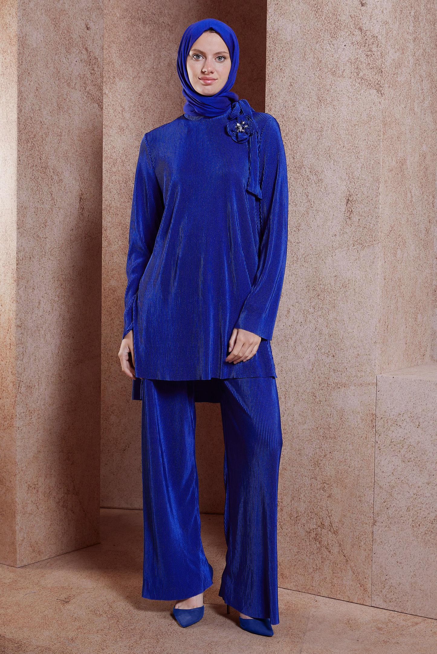 Tesettür giyim LACİVERT PİLİSELİ PANTOLONLU TAKIM 44690