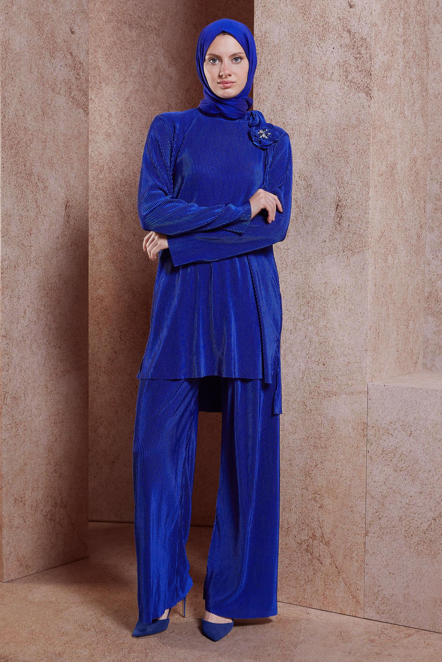 Tesettür giyim LACİVERT PİLİSELİ PANTOLONLU TAKIM 44690