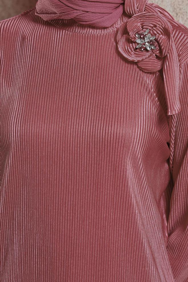 Tesettür giyim PEMBE PİLİSELİ PANTOLONLU TAKIM 44690 - ALVİNA