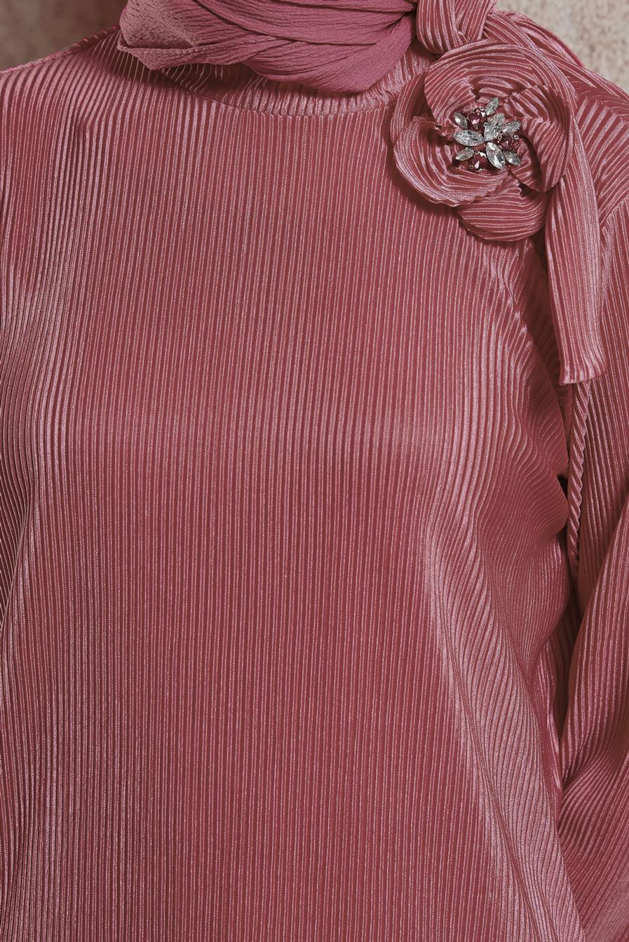 Tesettür giyim PEMBE PİLİSELİ PANTOLONLU TAKIM 44690