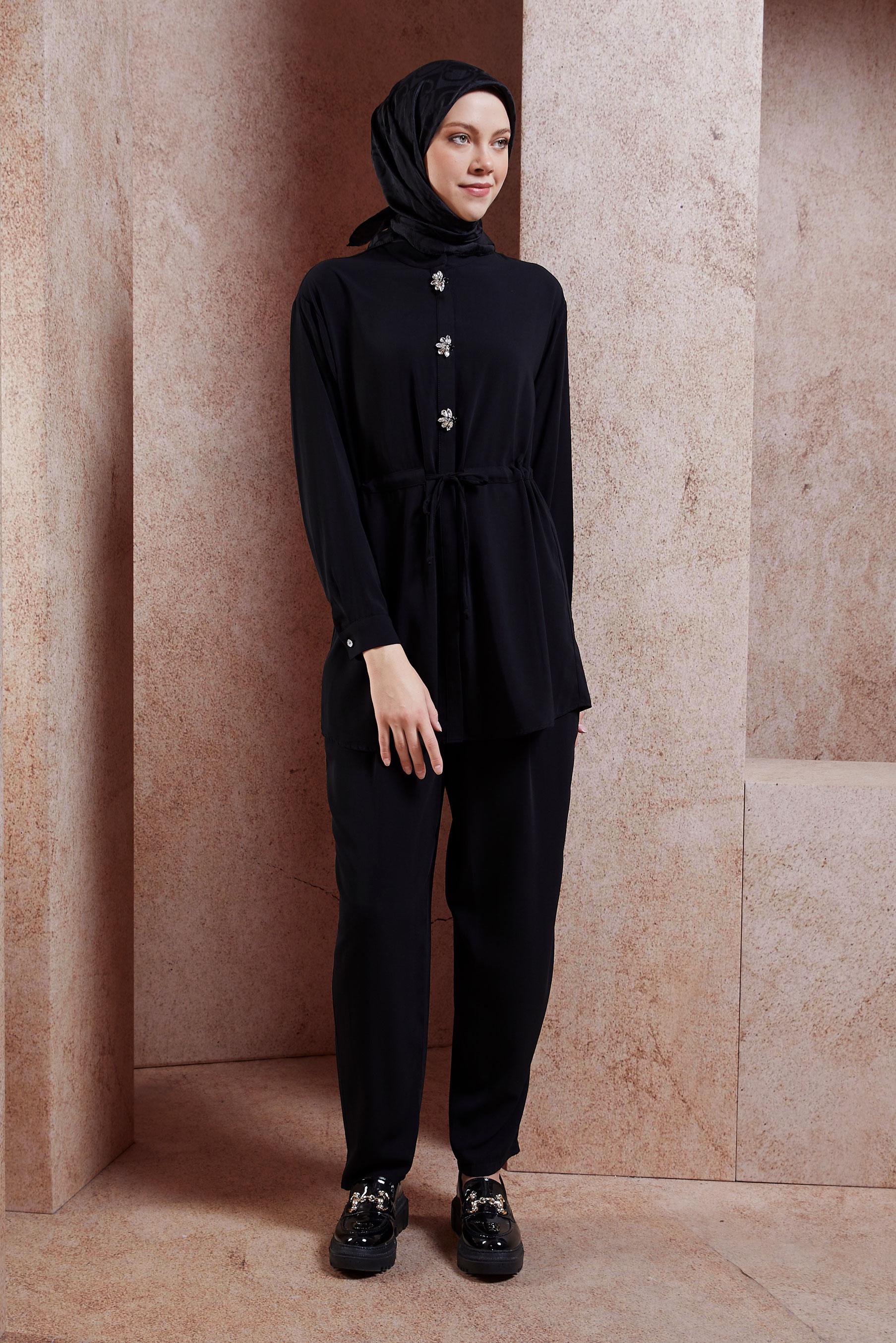 Tesettür giyim SİYAH TAŞLI PANTOLONLU TAKIM 44754
