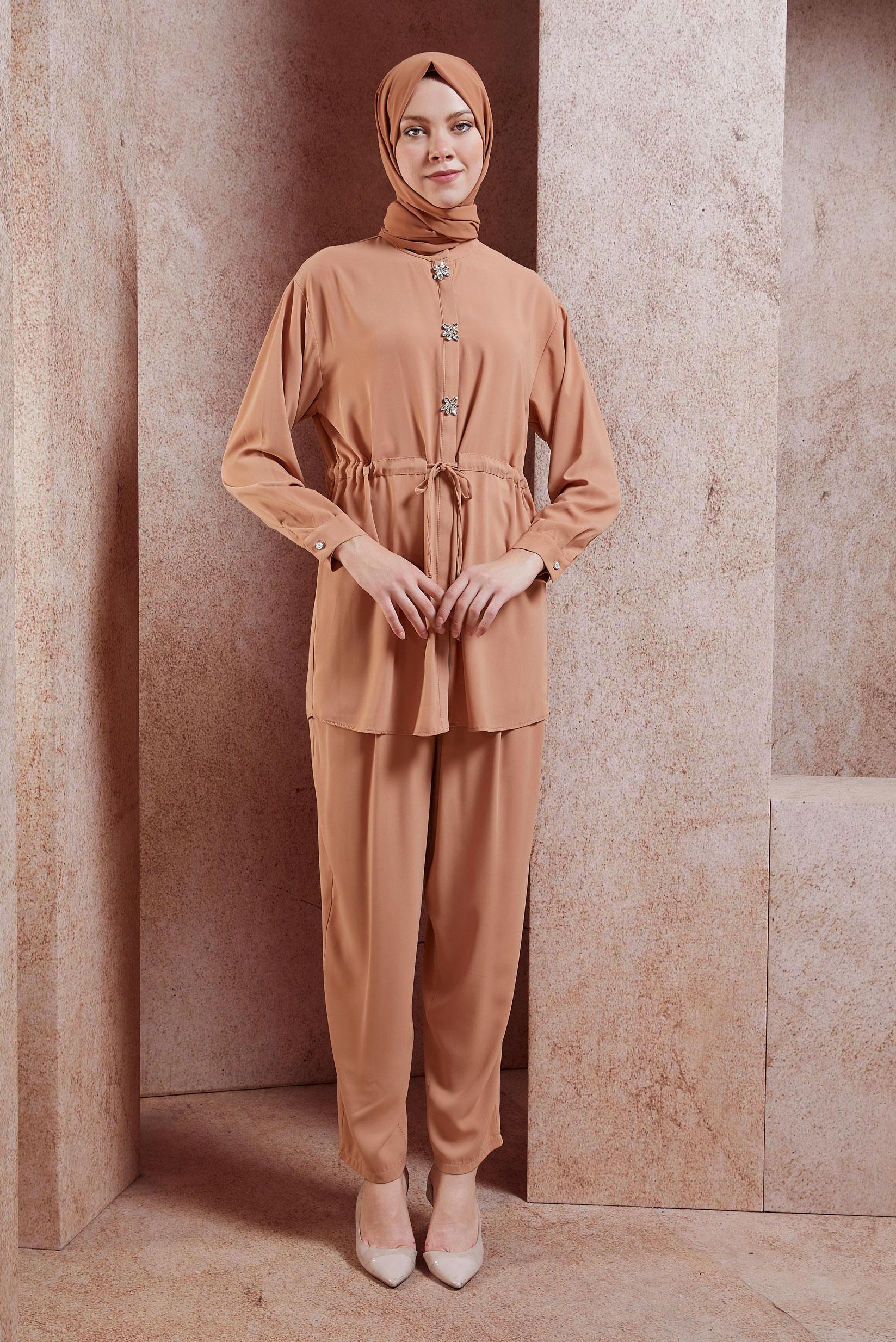 Tesettür giyim KAHVE TAŞLI PANTOLONLU TAKIM 44754