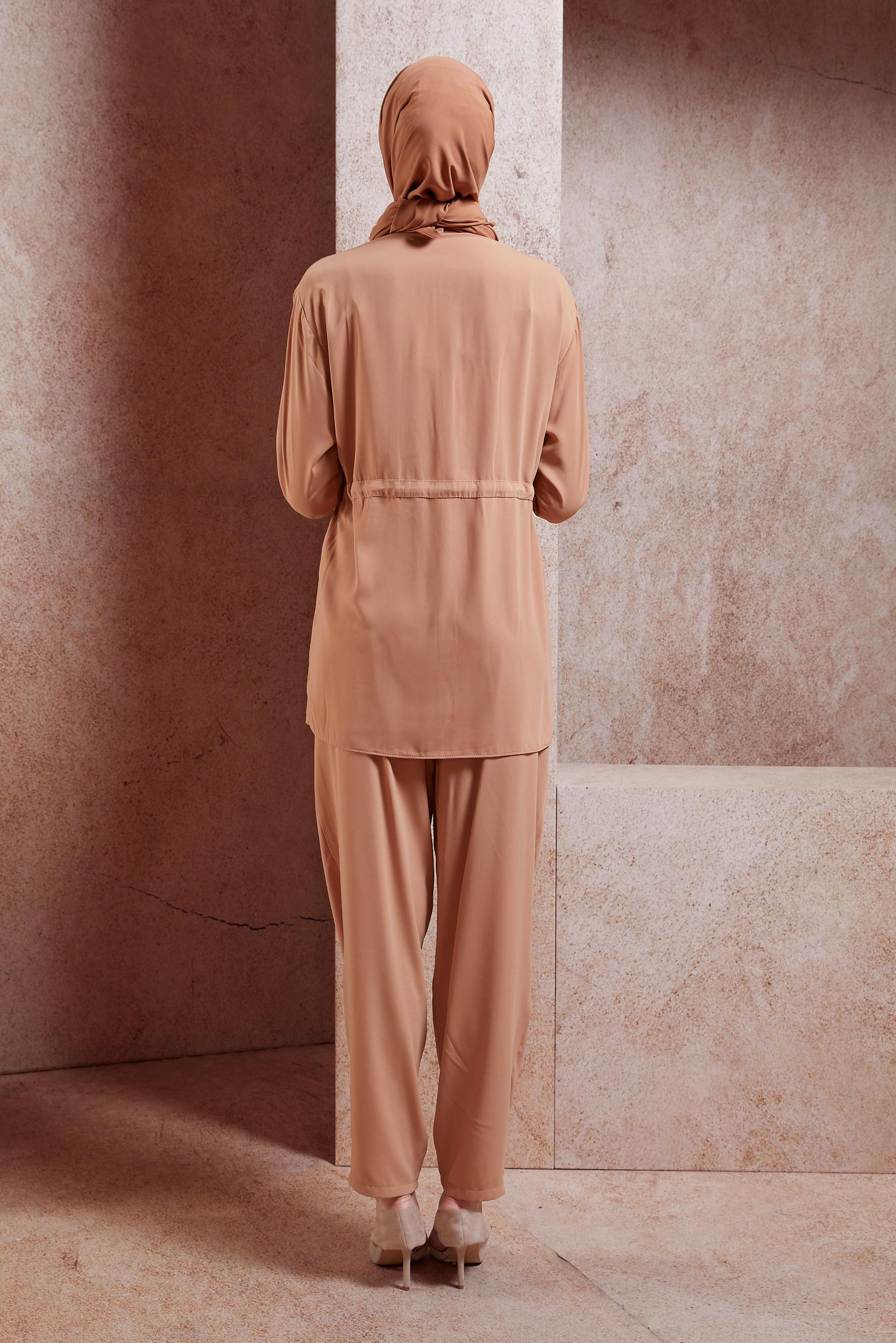 Tesettür giyim KAHVE TAŞLI PANTOLONLU TAKIM 44754