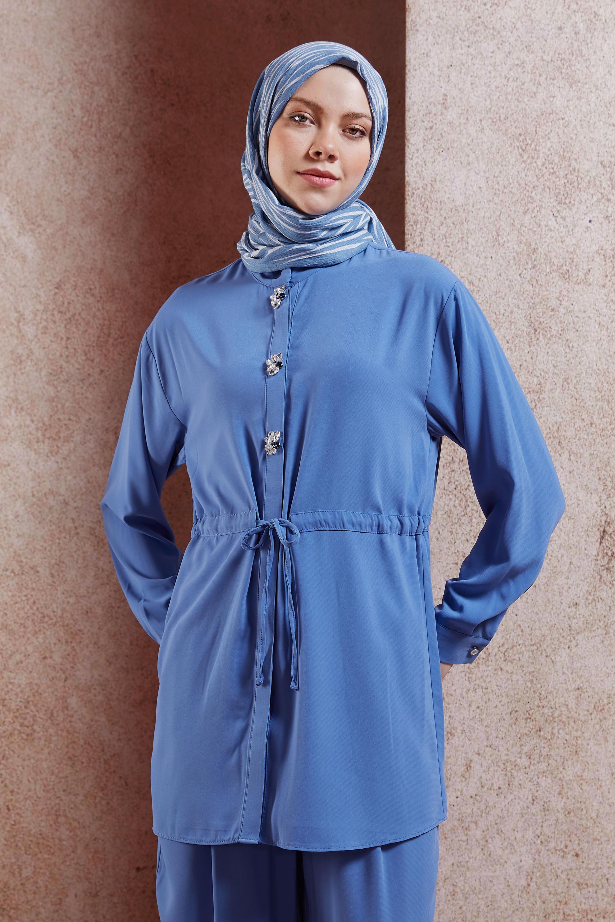 Tesettür giyim MAVİ TAŞLI PANTOLONLU TAKIM 44754