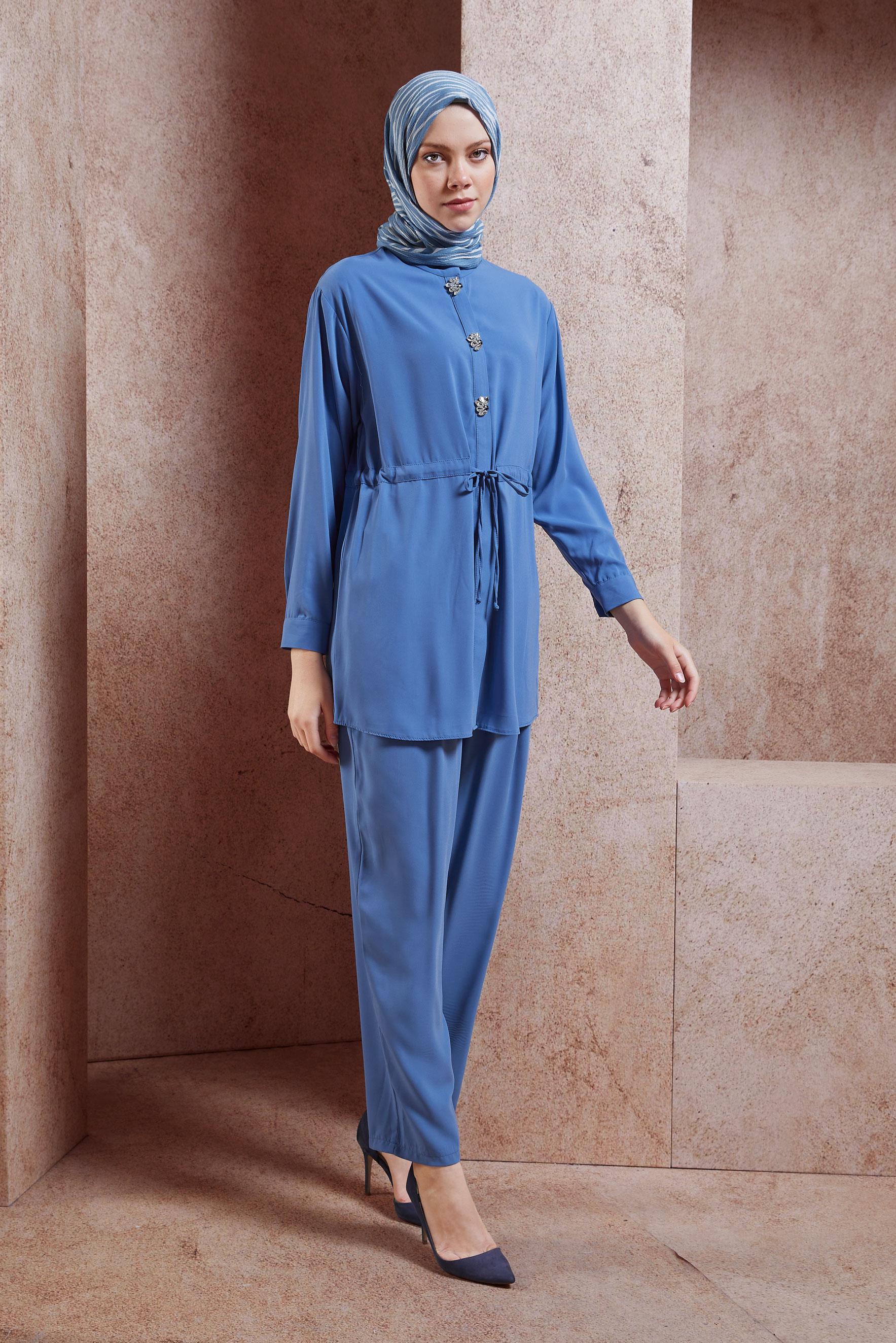 Tesettür giyim MAVİ TAŞLI PANTOLONLU TAKIM 44754