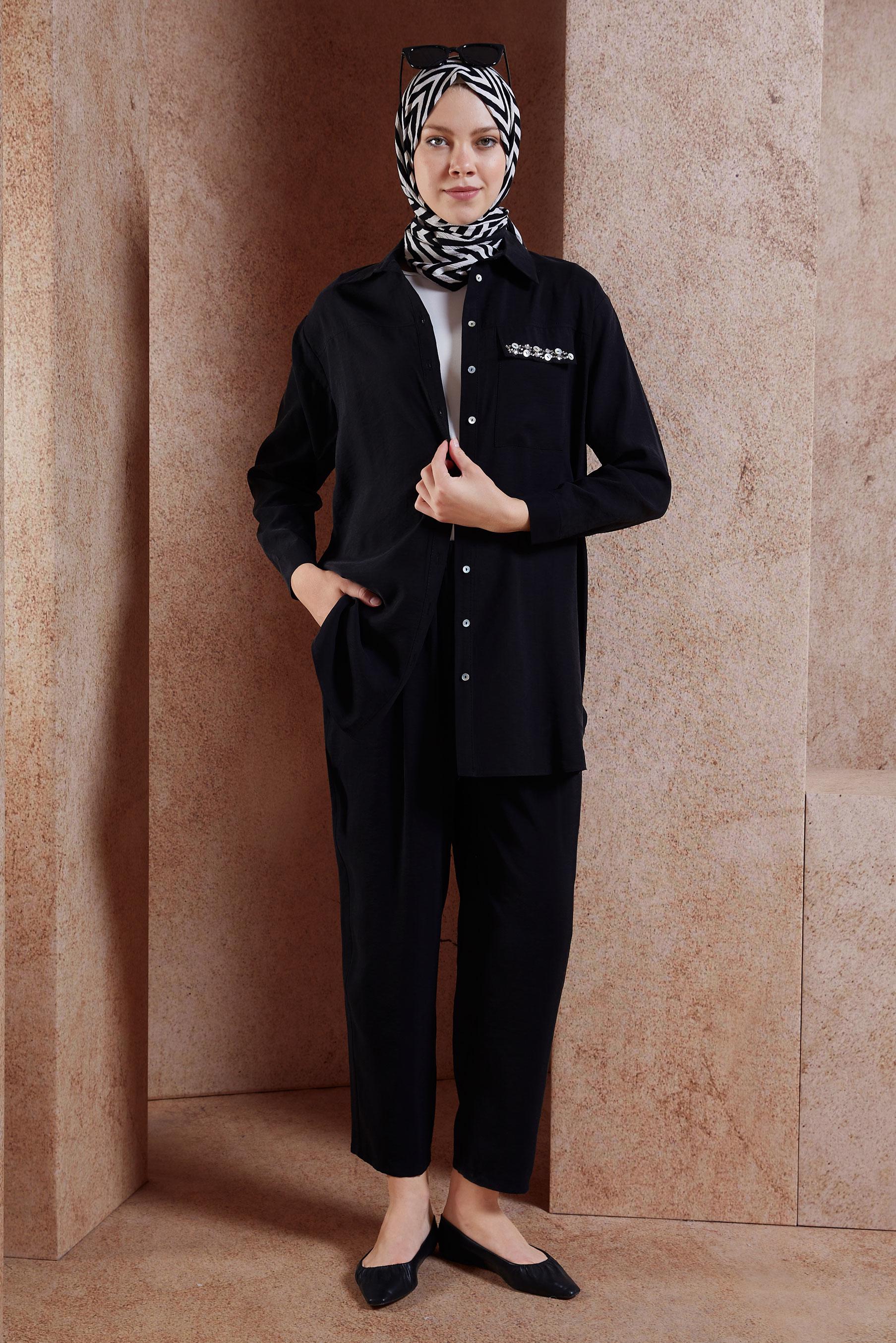 Tesettür giyim SİYAH BONCUK DETAYLI PANTOLONLU TAKIM 44755