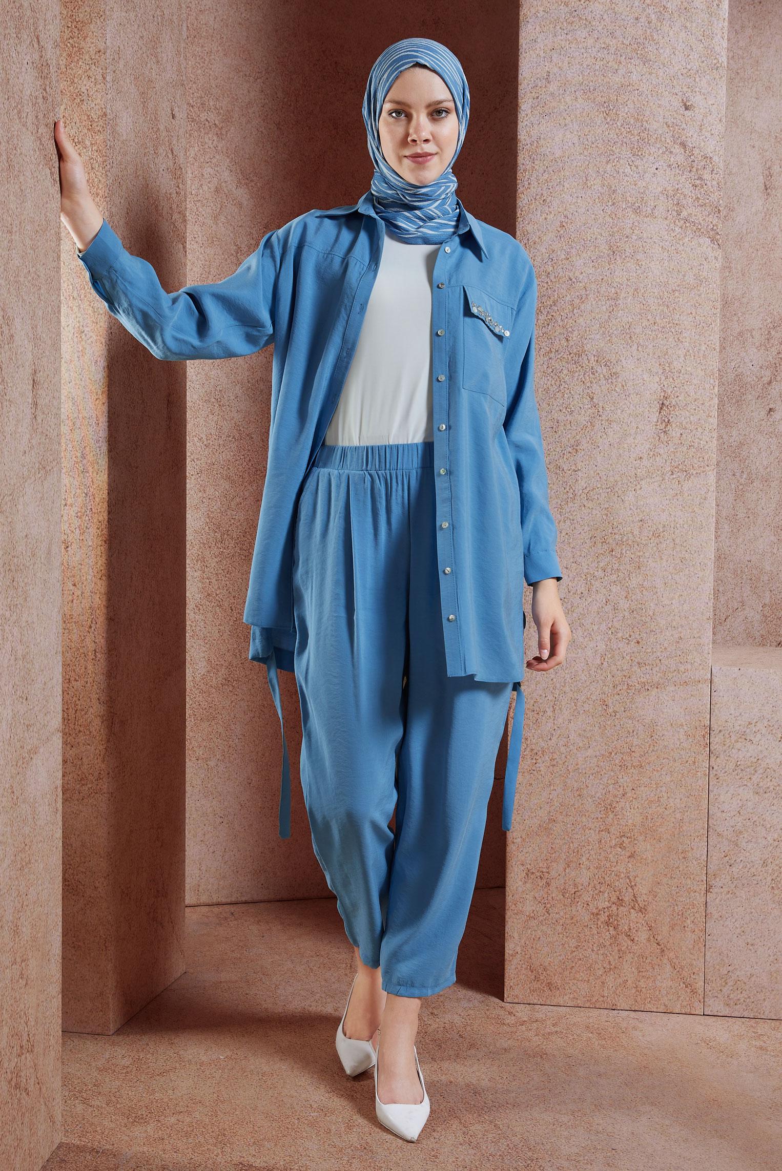 Tesettür giyim MAVİ BONCUK DETAYLI PANTOLONLU TAKIM 44755