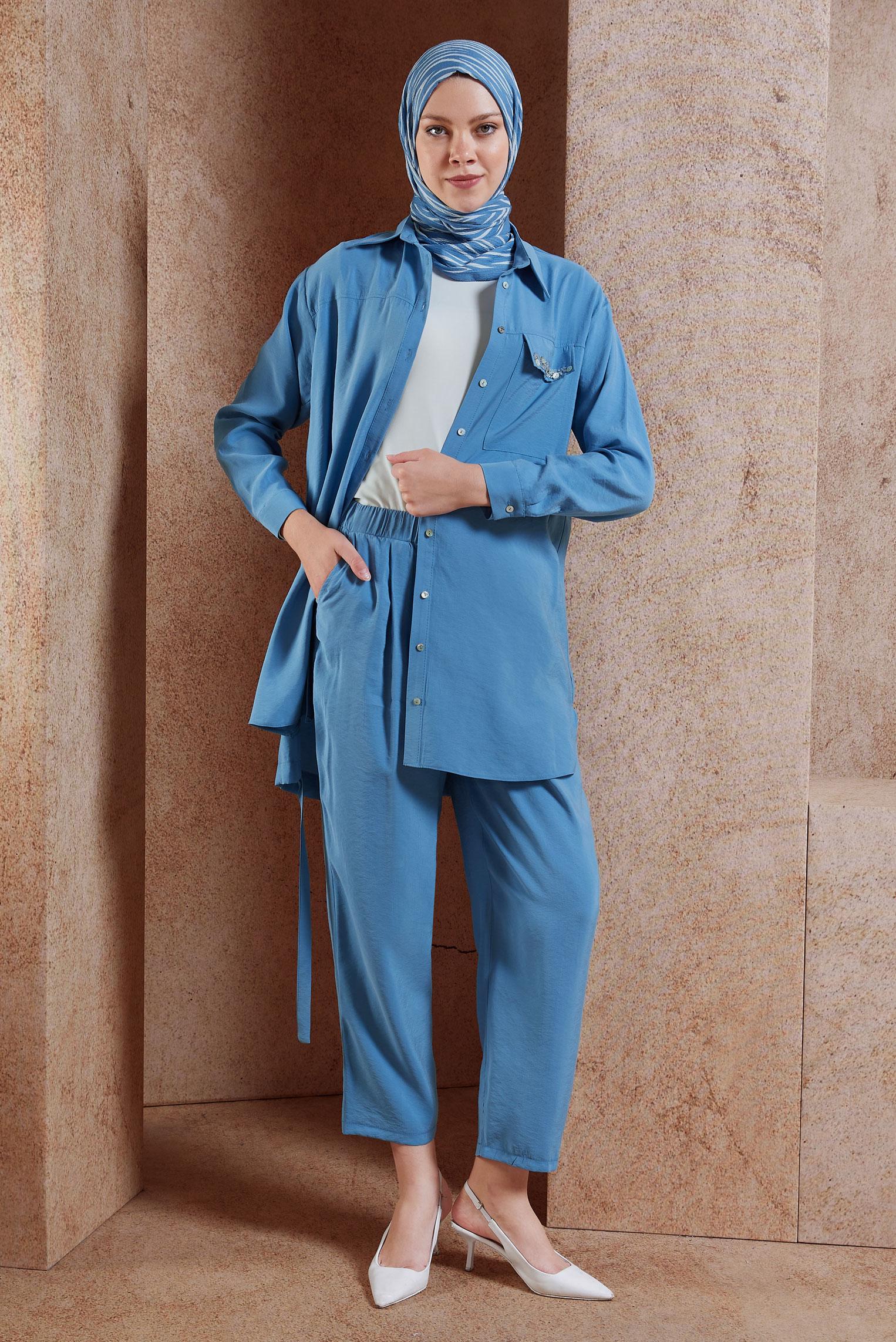Tesettür giyim MAVİ BONCUK DETAYLI PANTOLONLU TAKIM 44755