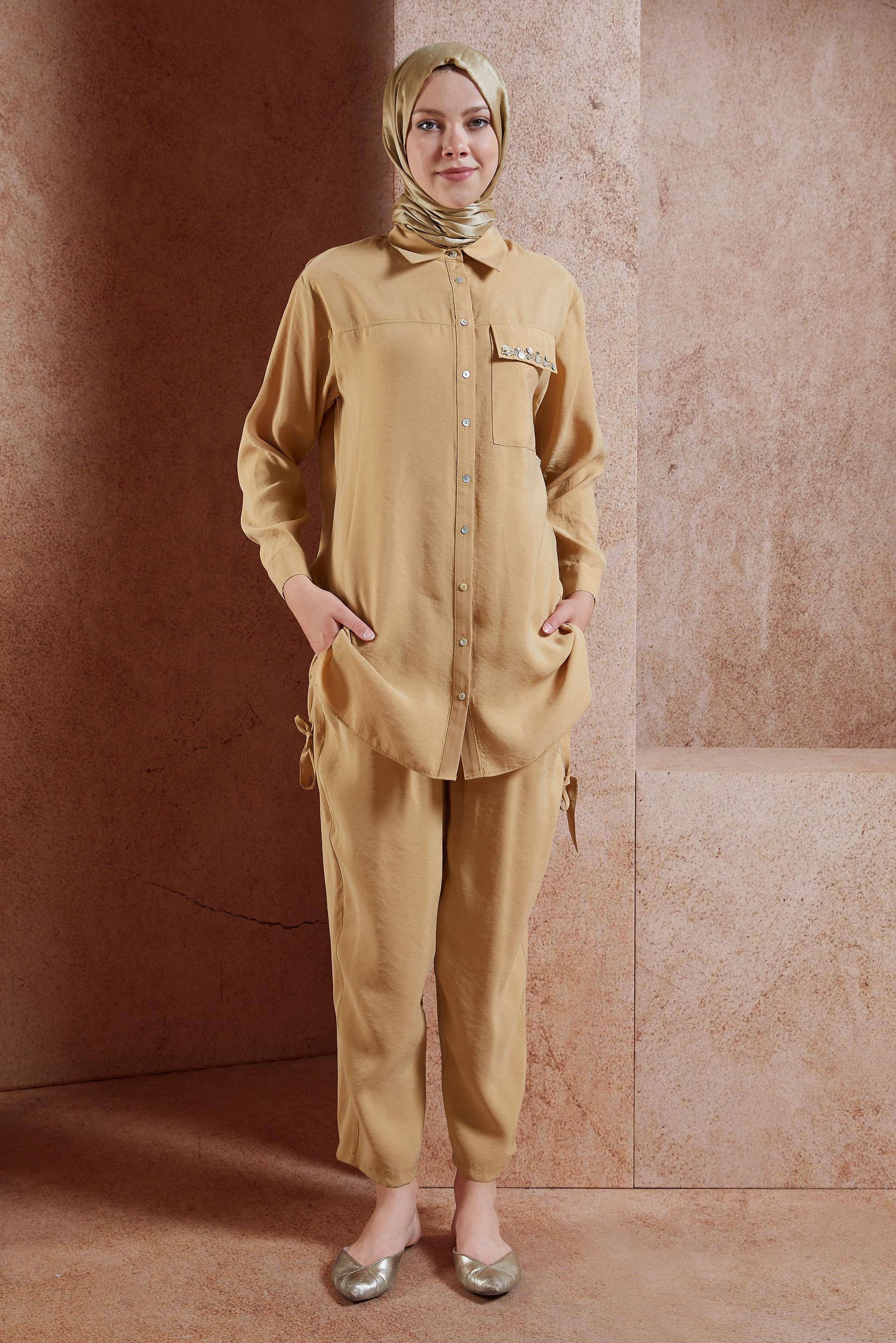 Tesettür giyim KAHVE BONCUK DETAYLI PANTOLONLU TAKIM 44755