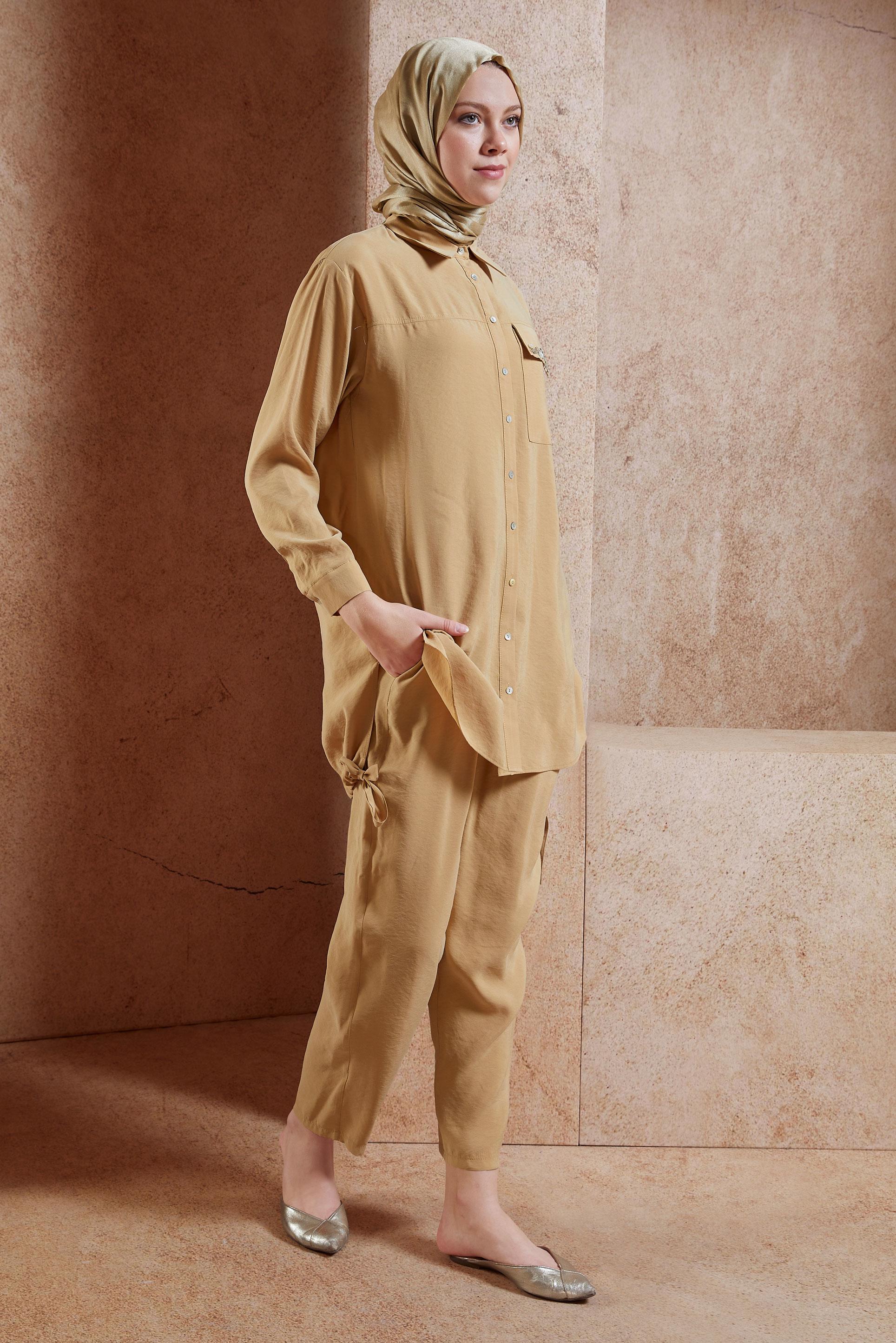 Tesettür giyim KAHVE BONCUK DETAYLI PANTOLONLU TAKIM 44755
