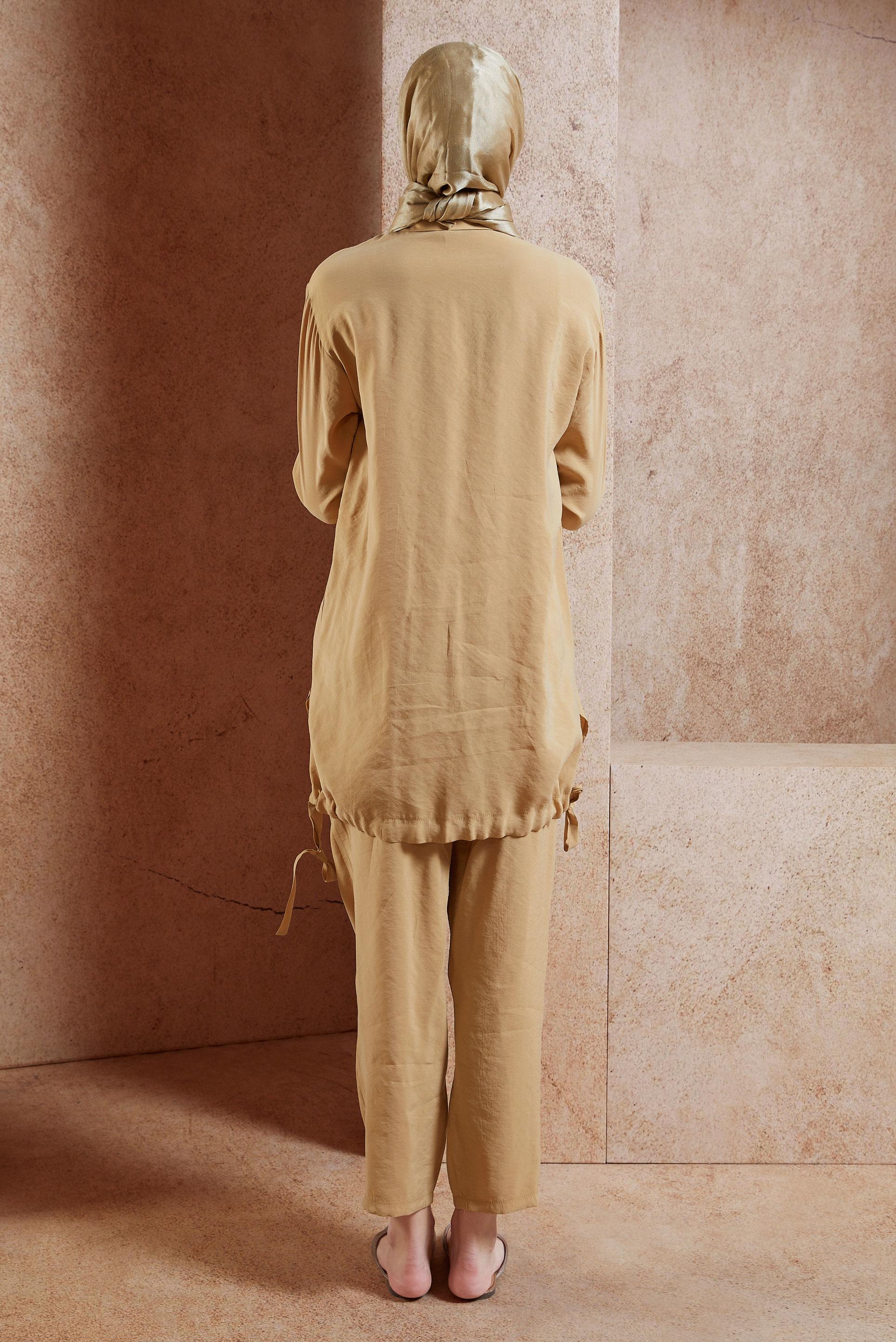 Tesettür giyim KAHVE BONCUK DETAYLI PANTOLONLU TAKIM 44755