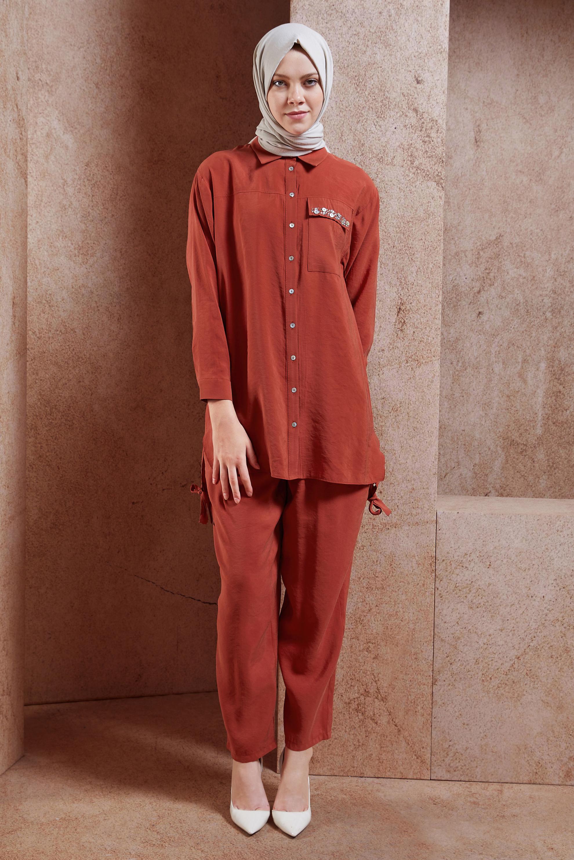 Tesettür giyim TURUNCU BONCUK DETAYLI PANTOLONLU TAKIM 44755