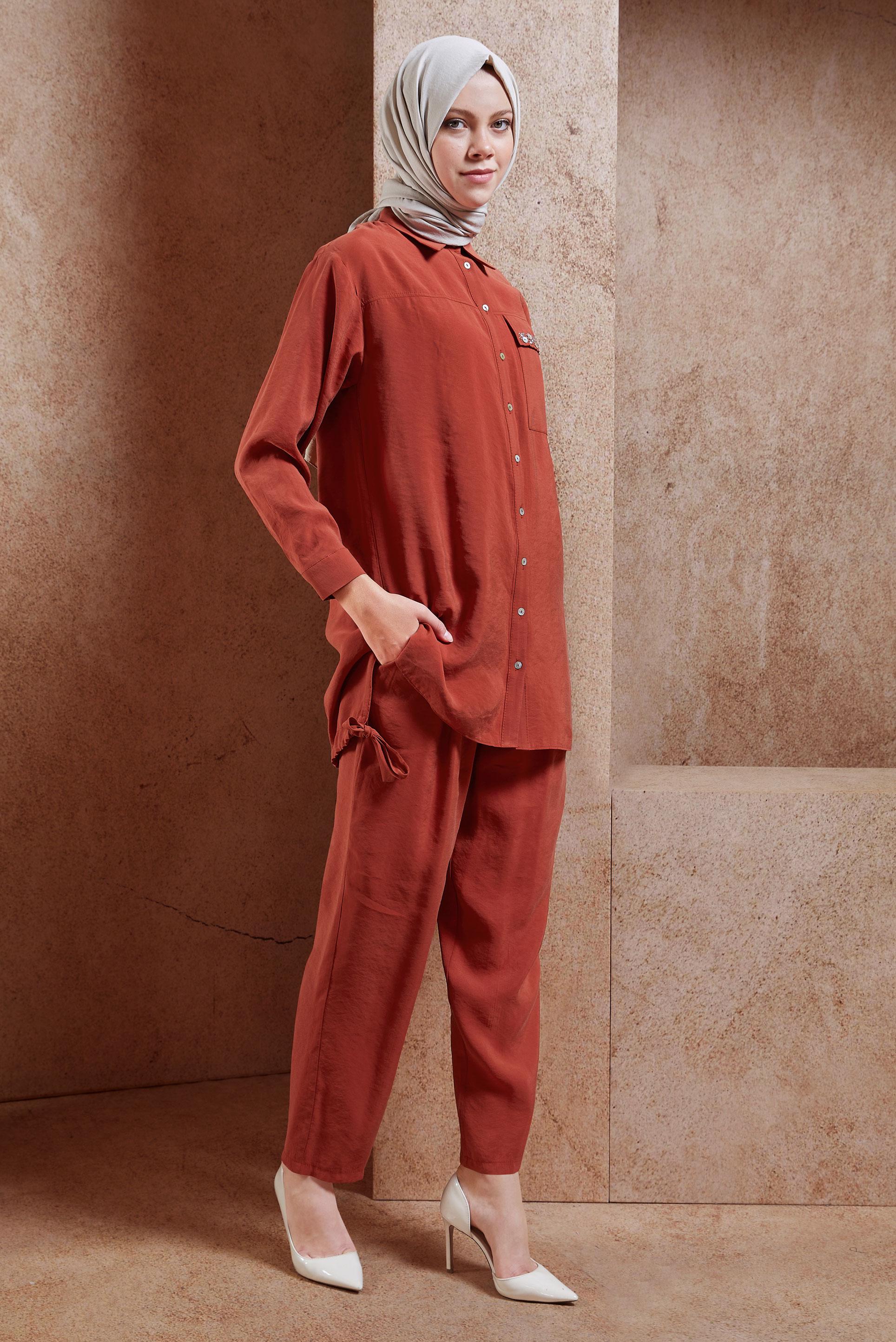 Tesettür giyim TURUNCU BONCUK DETAYLI PANTOLONLU TAKIM 44755