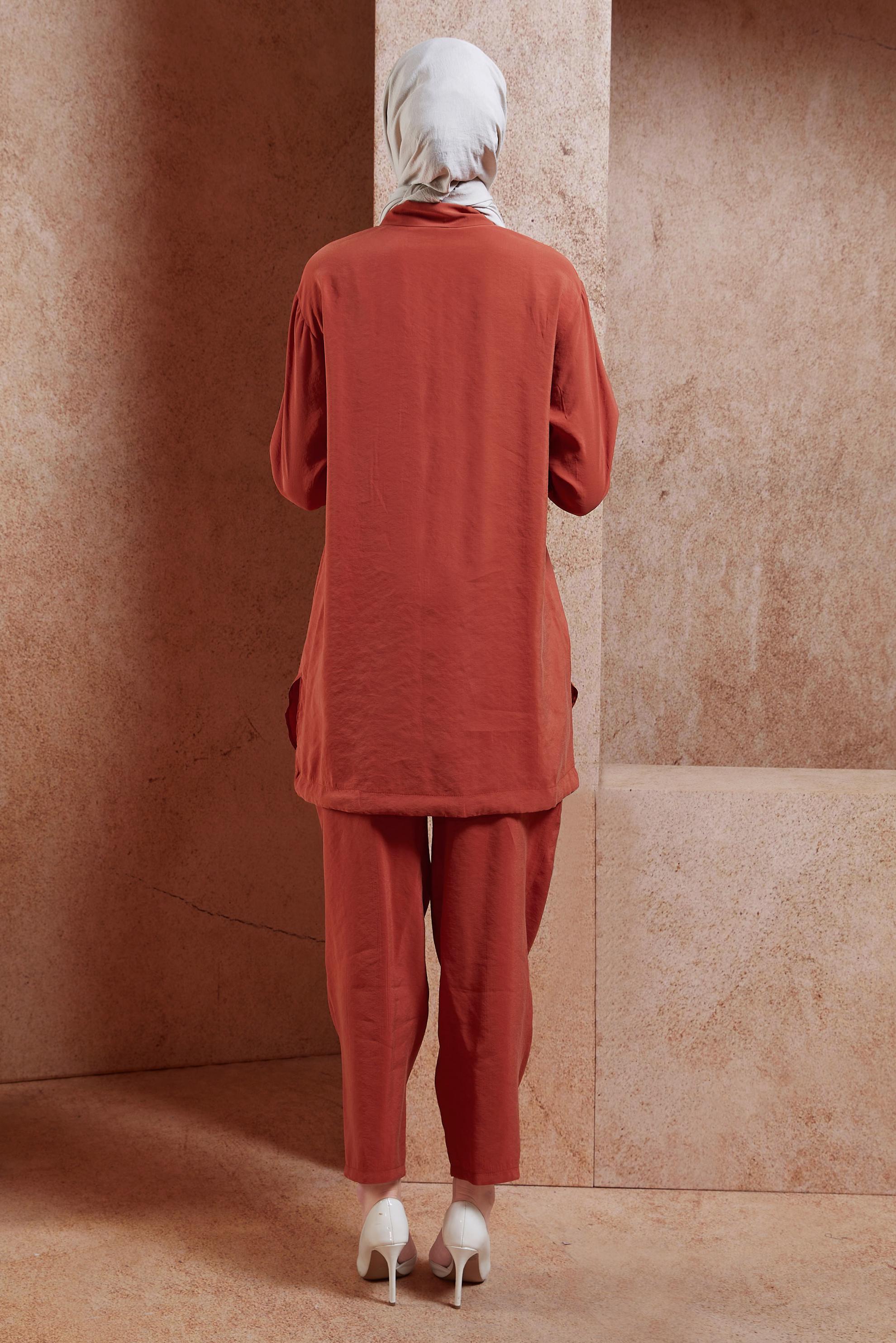 Tesettür giyim TURUNCU BONCUK DETAYLI PANTOLONLU TAKIM 44755