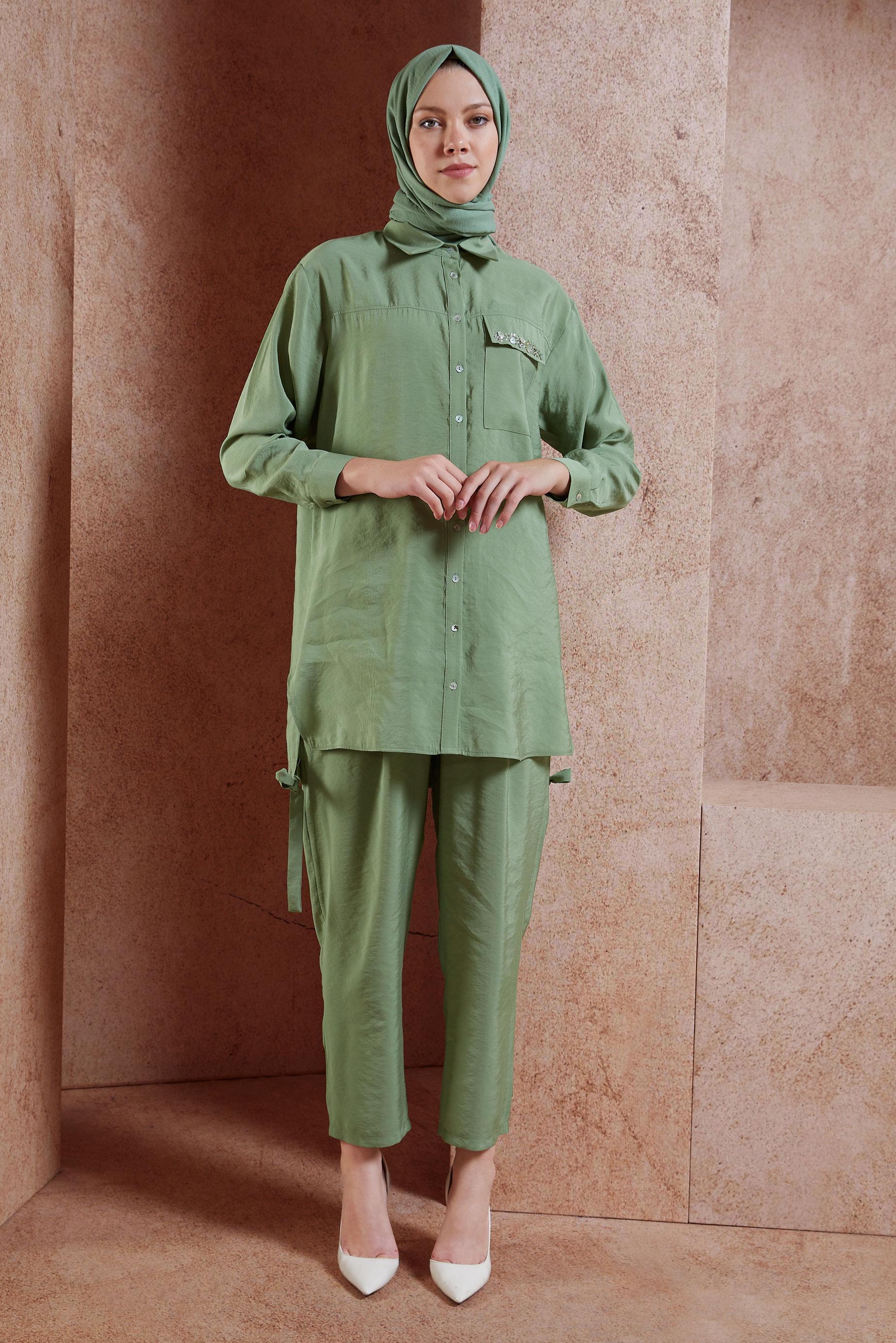 Tesettür giyim YEŞİL BONCUK DETAYLI PANTOLONLU TAKIM 44755