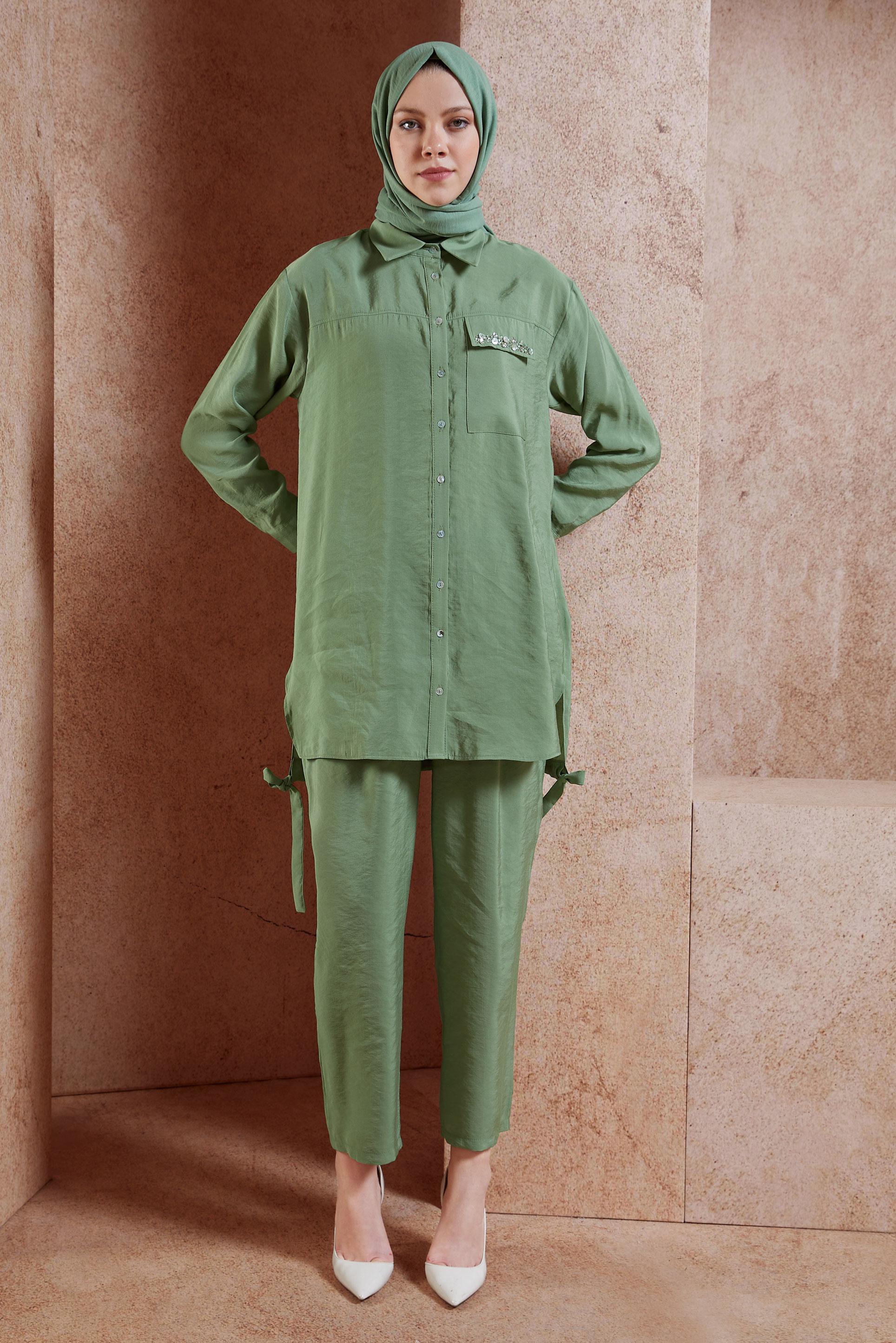 Tesettür giyim YEŞİL BONCUK DETAYLI PANTOLONLU TAKIM 44755