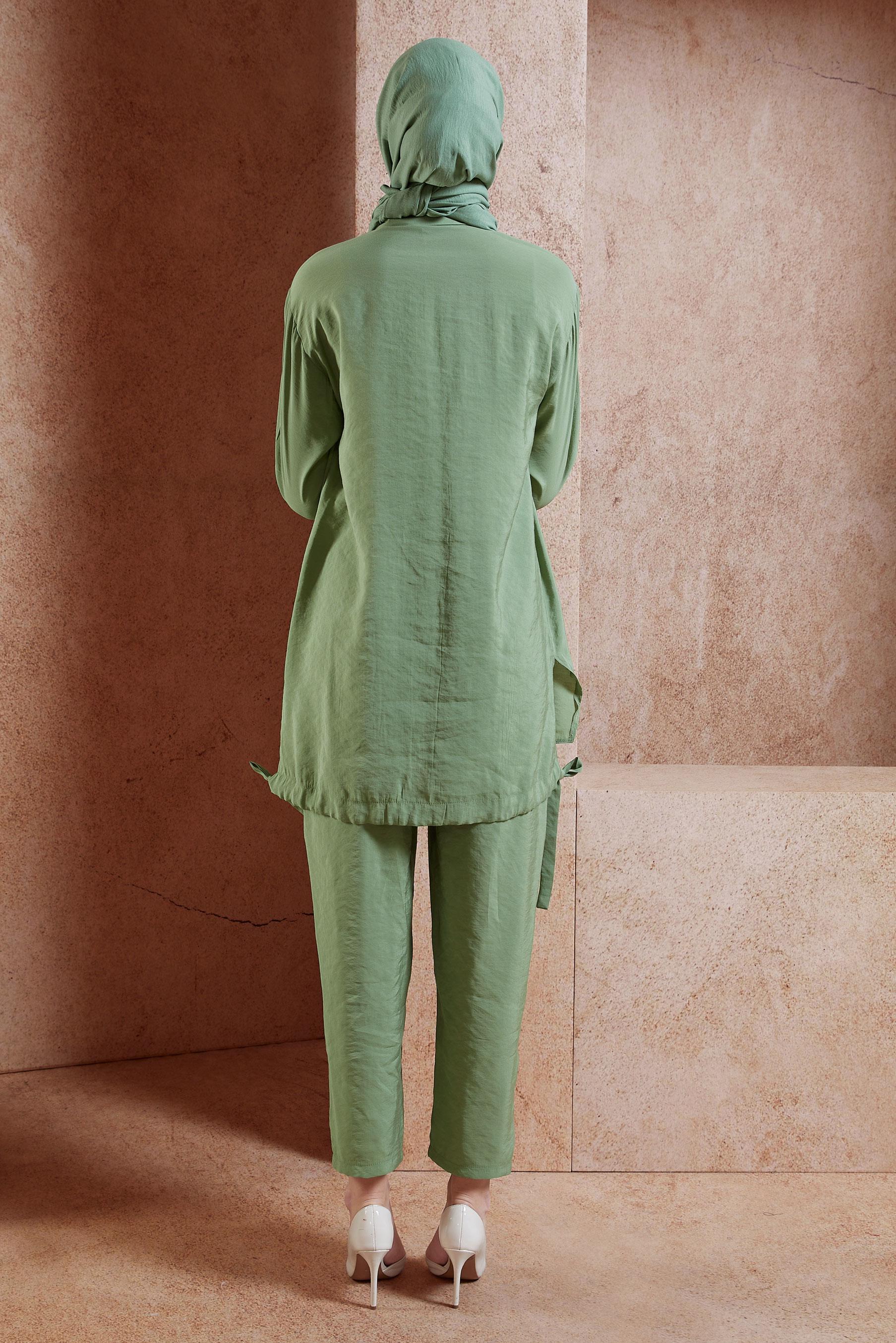 Tesettür giyim YEŞİL BONCUK DETAYLI PANTOLONLU TAKIM 44755