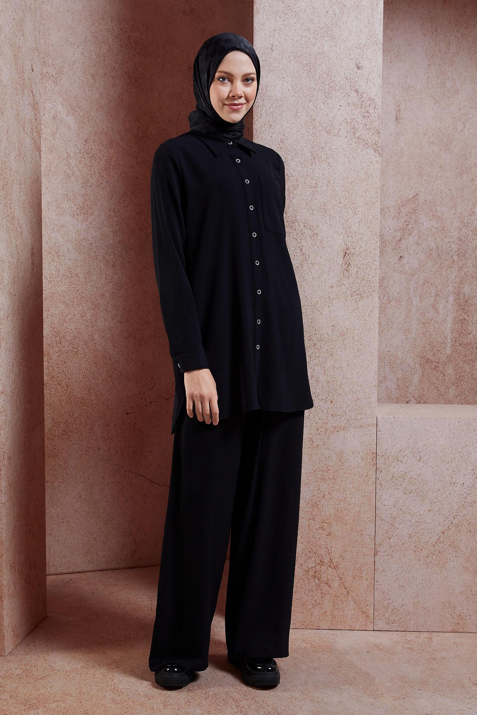 Tesettür giyim SİYAH GÖMLEK YAKA PANTOLONLU TAKIM 44756