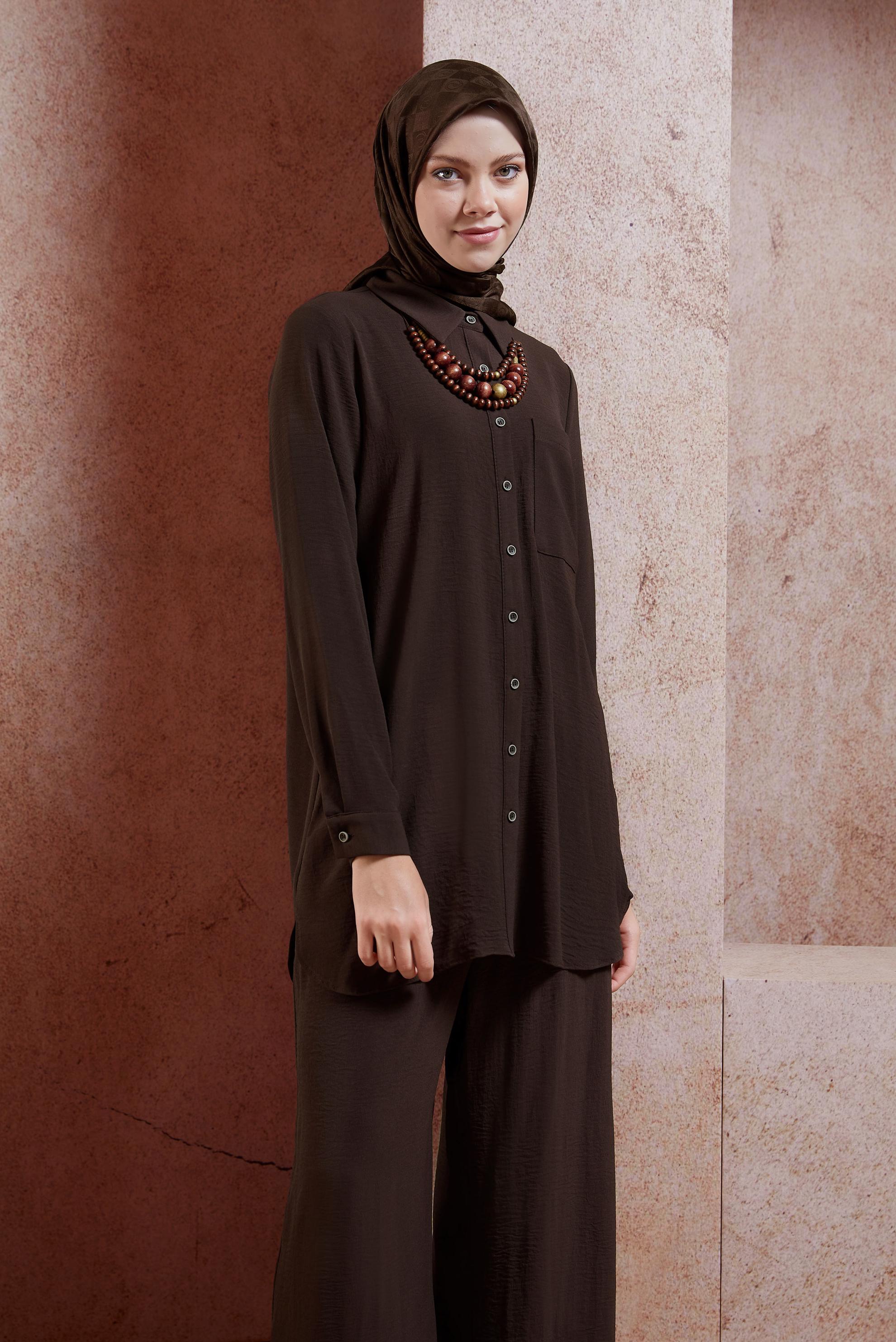 Tesettür giyim KAHVE GÖMLEK YAKA PANTOLONLU TAKIM 44756