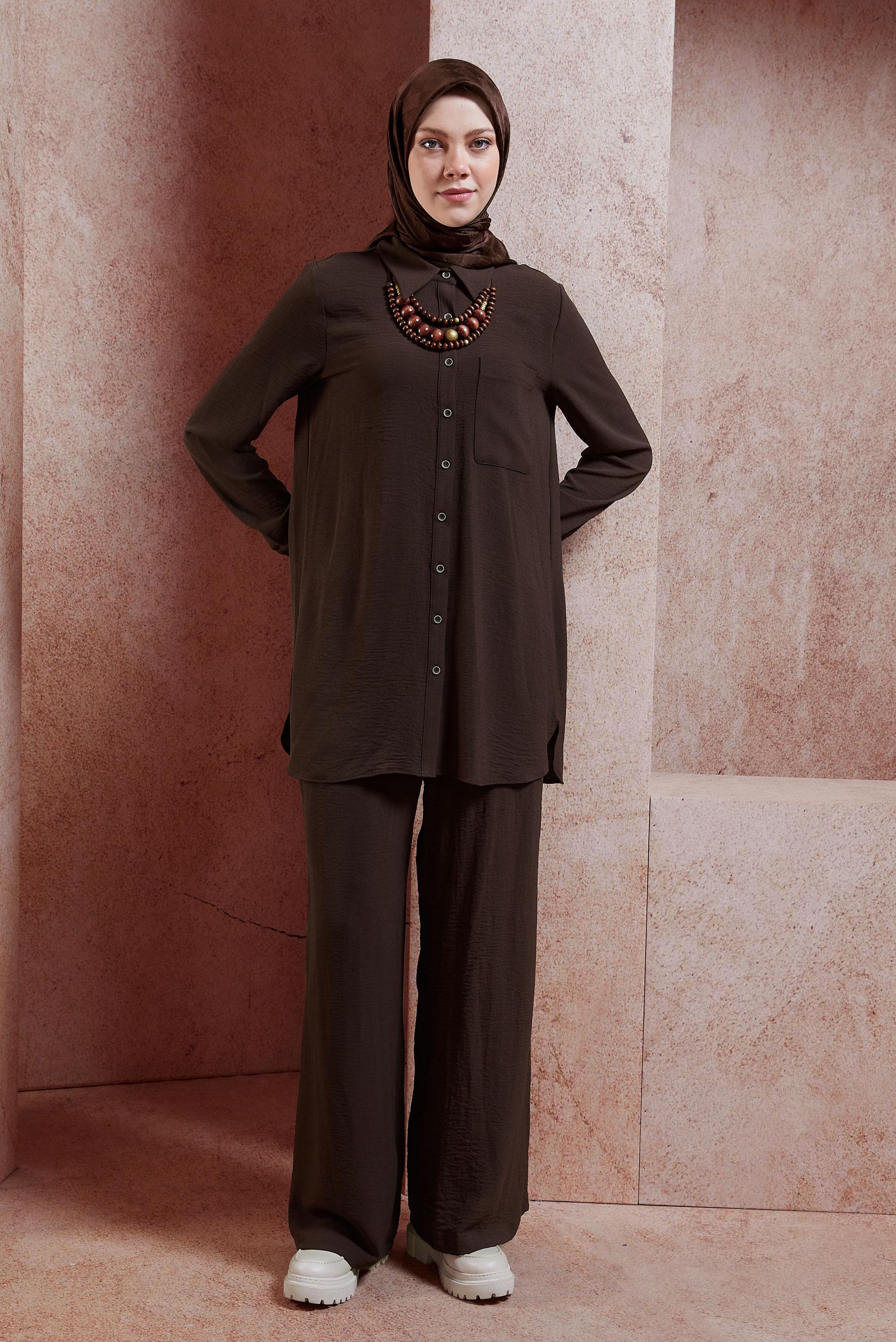 Tesettür giyim KAHVE GÖMLEK YAKA PANTOLONLU TAKIM 44756