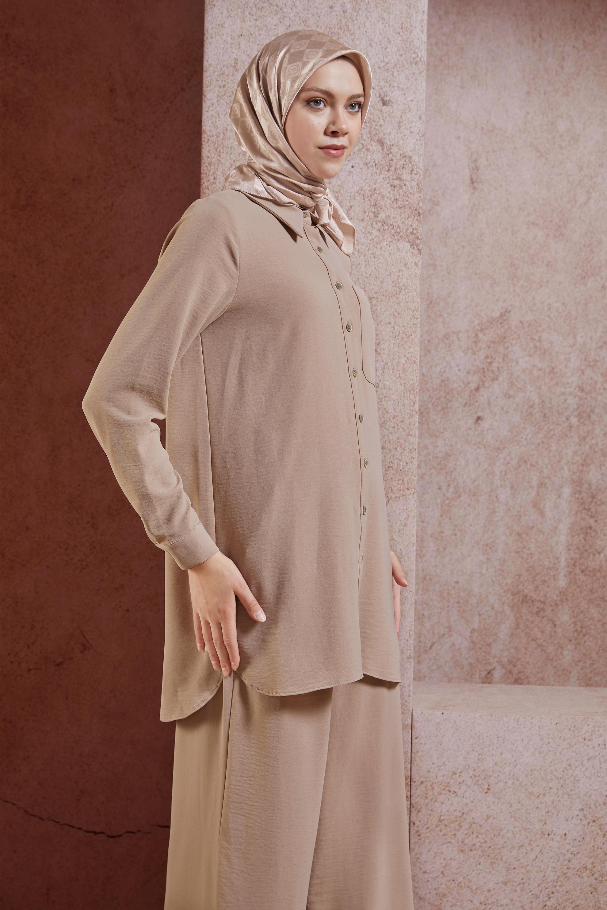 Tesettür giyim TABA GÖMLEK YAKA PANTOLONLU TAKIM 44756