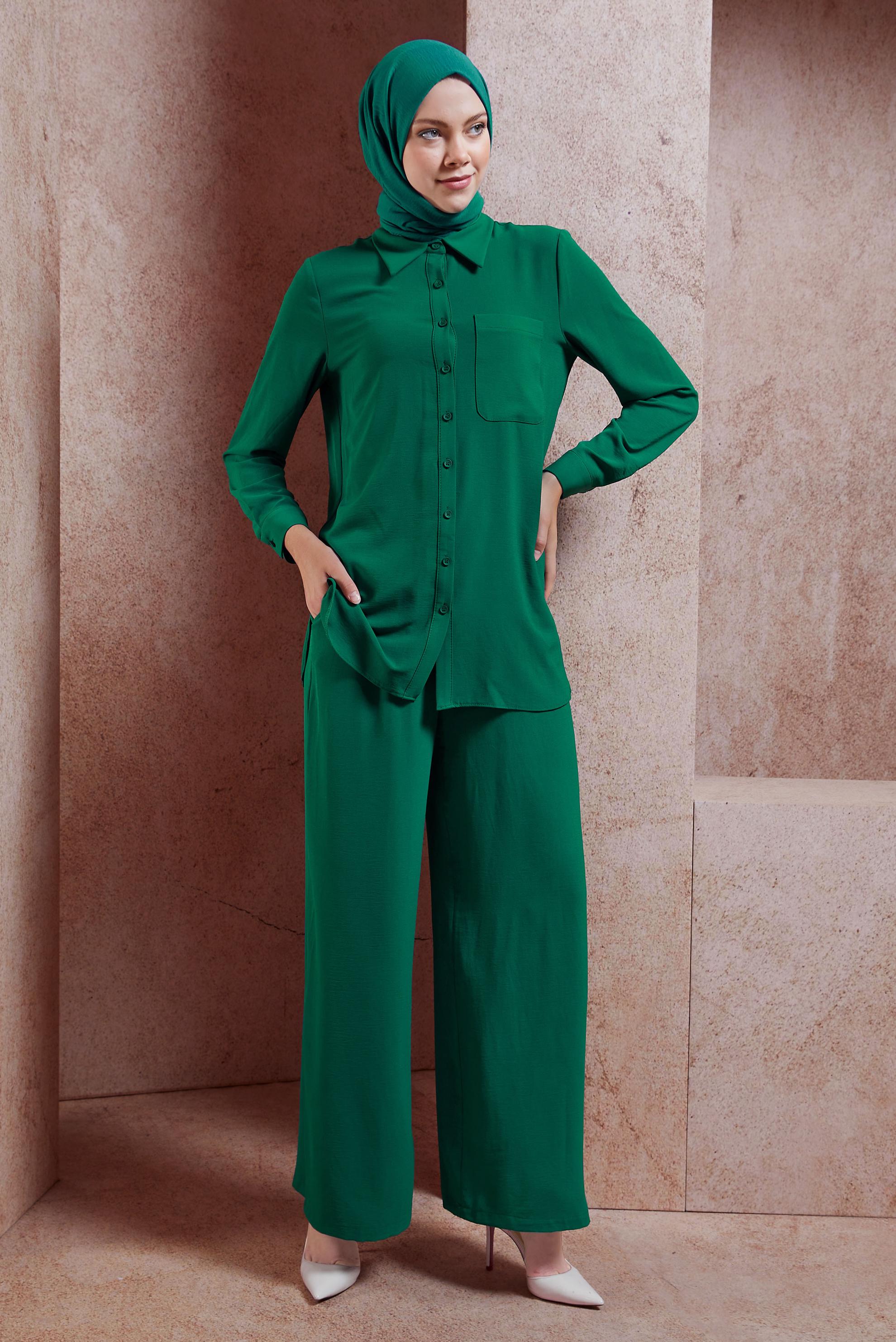 Tesettür giyim YEŞİL GÖMLEK YAKA PANTOLONLU TAKIM 44756
