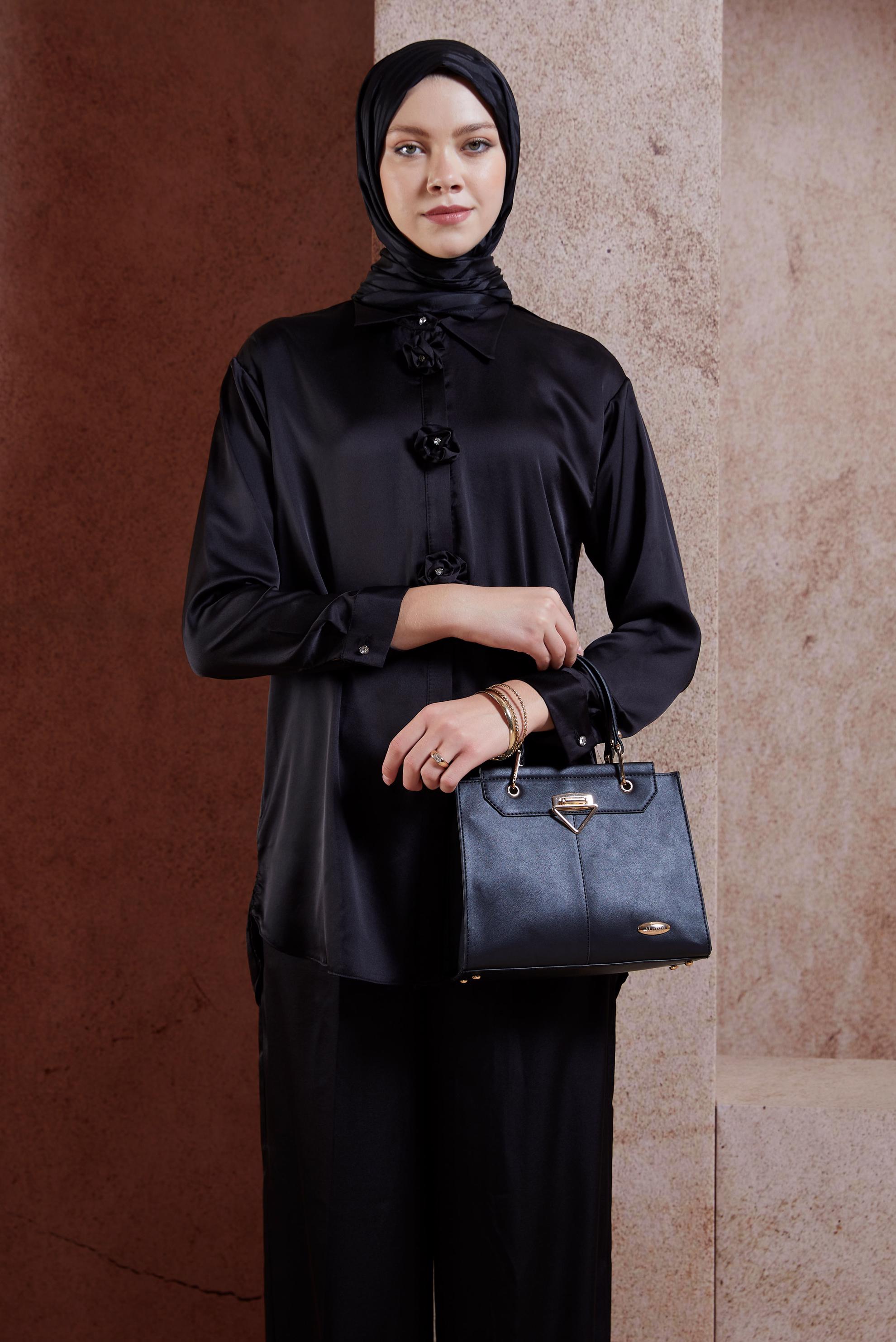 Tesettür giyim SİYAH PANTOLONLU SATEN TAKIM 44757