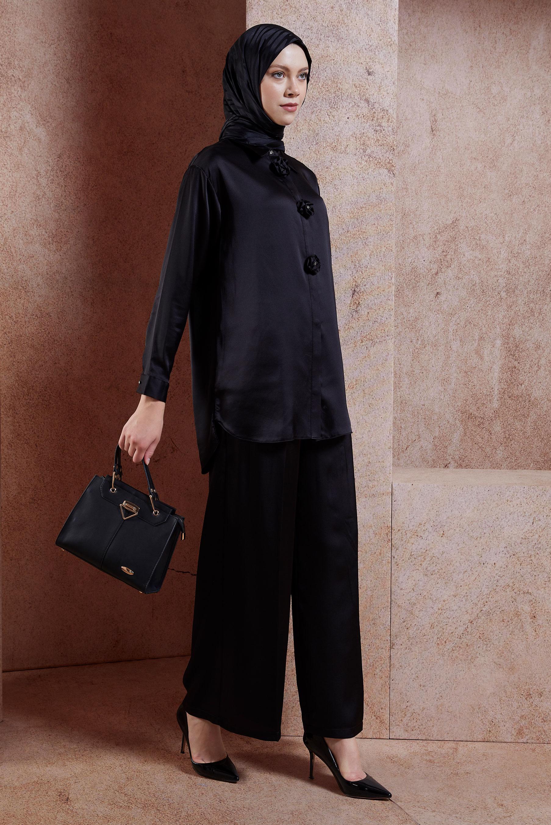 Tesettür giyim SİYAH PANTOLONLU SATEN TAKIM 44757