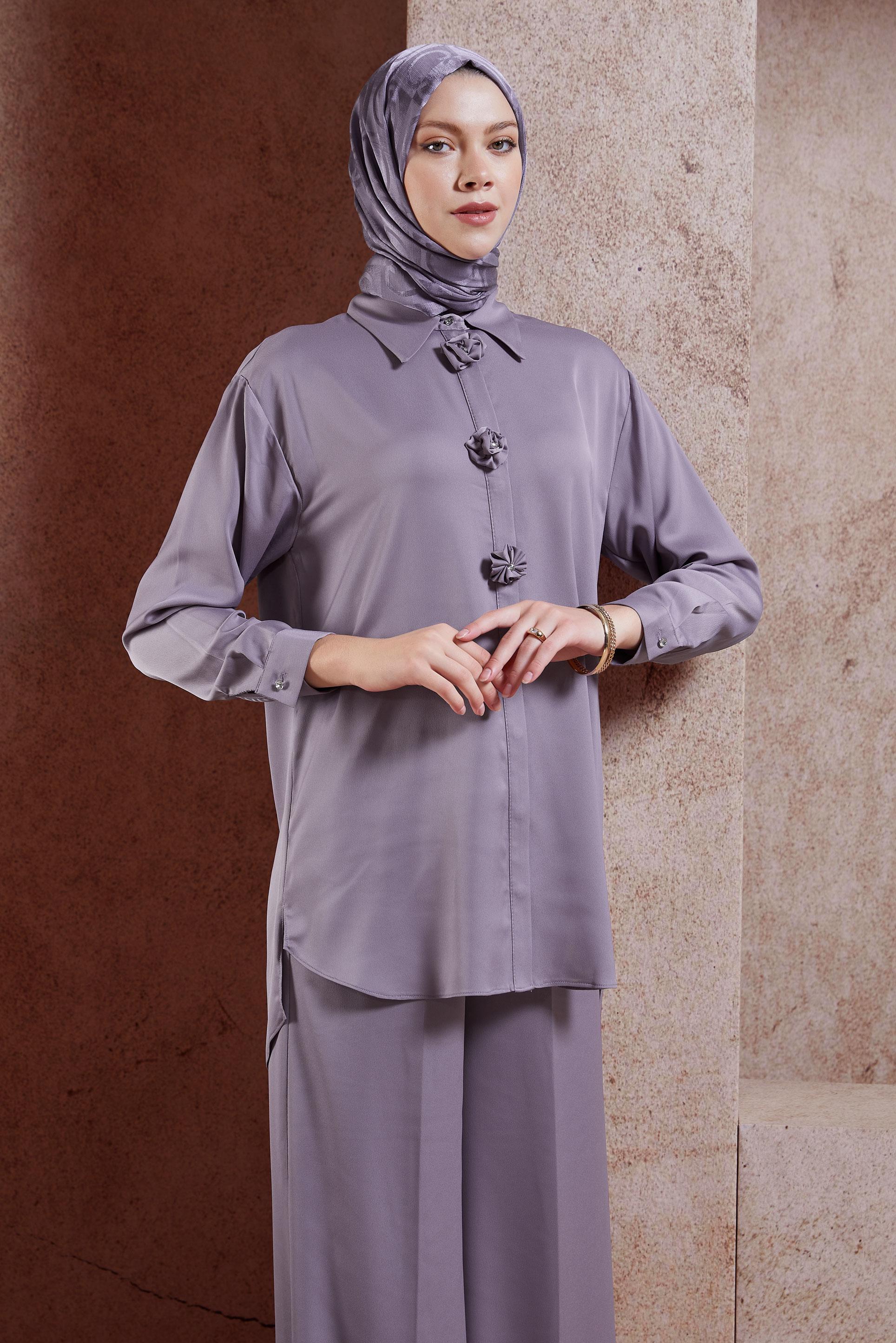 Tesettür giyim MOR PANTOLONLU SATEN TAKIM 44757