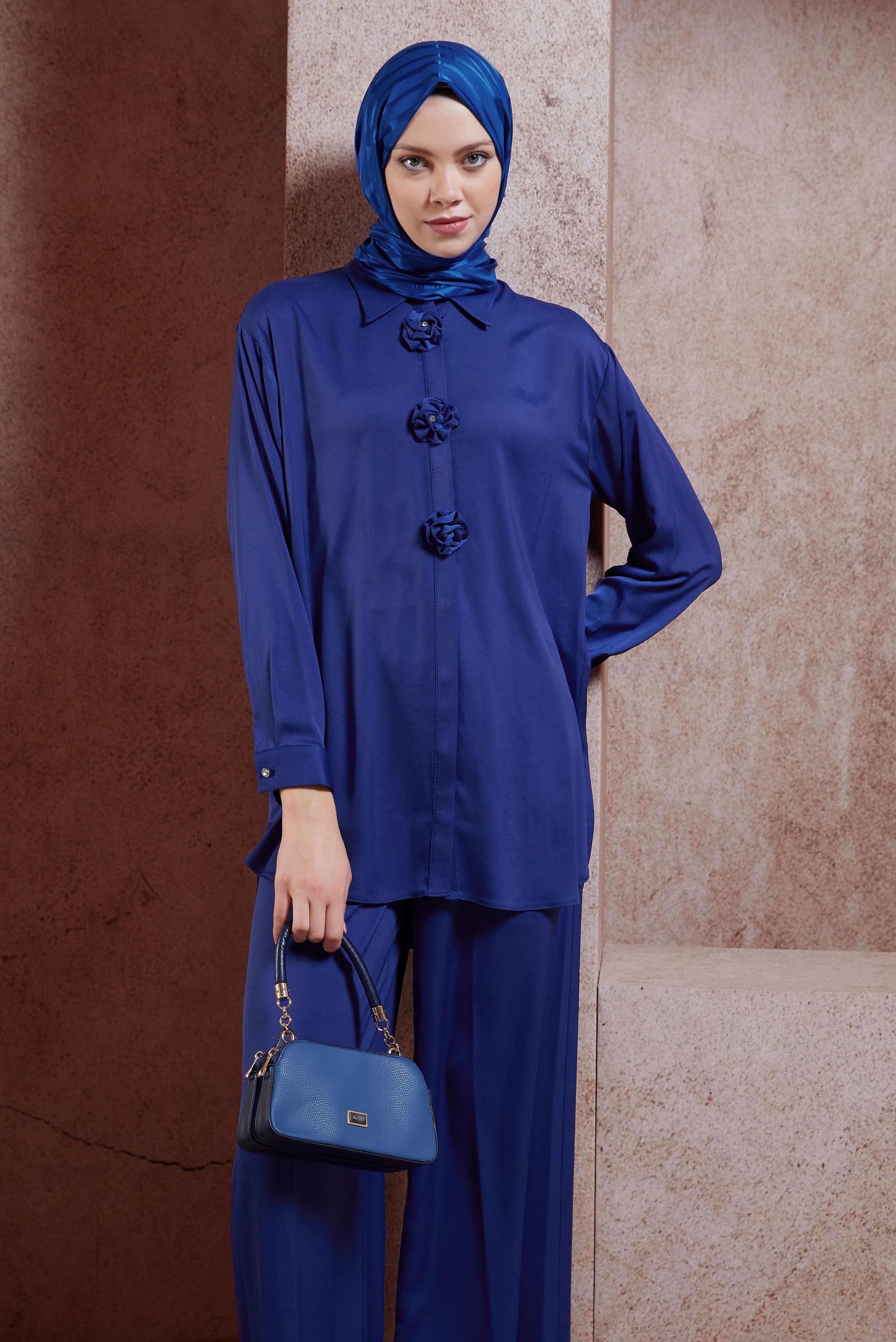 Tesettür giyim MAVİ PANTOLONLU SATEN TAKIM 44757