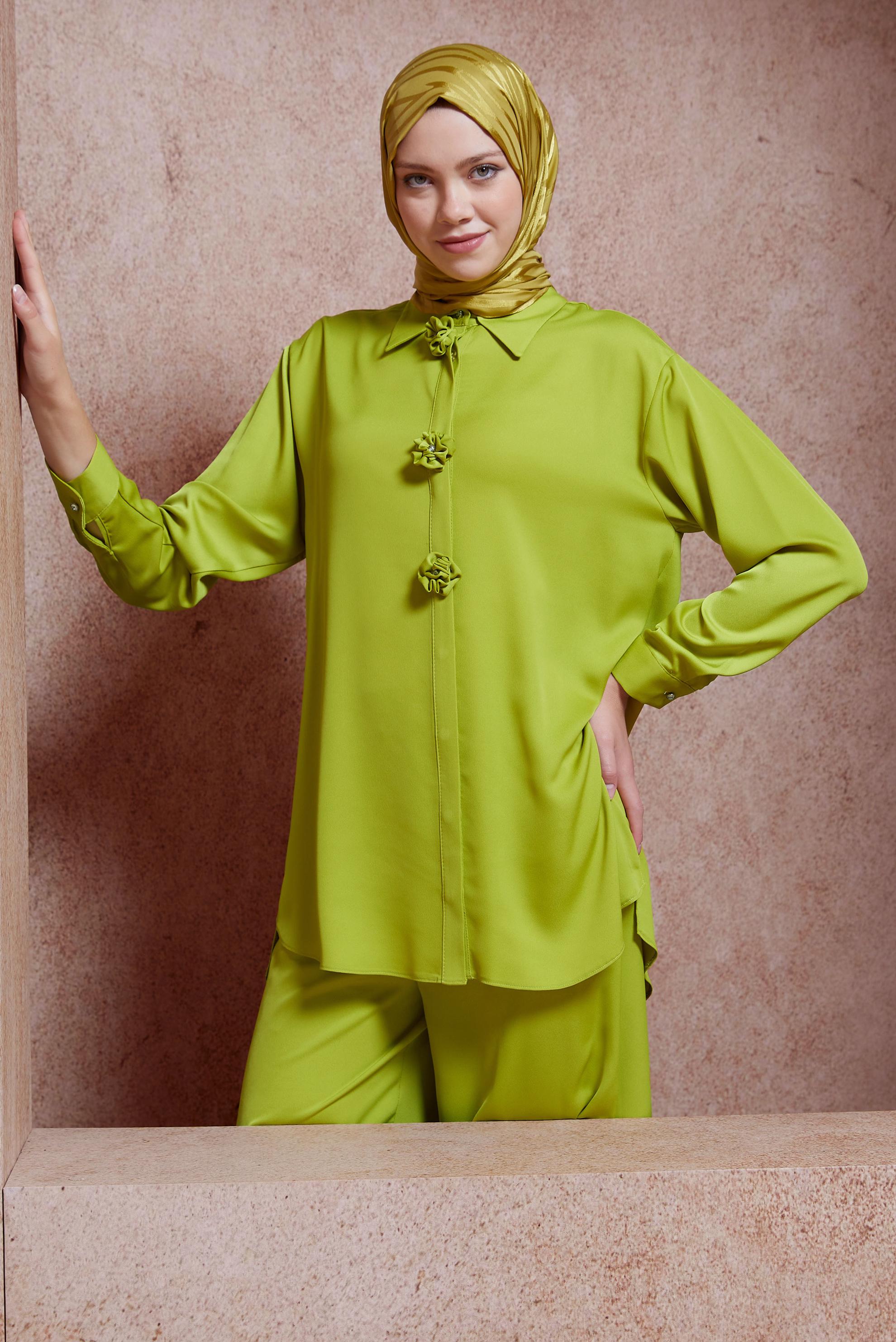 Tesettür giyim YEŞİL PANTOLONLU SATEN TAKIM 44757