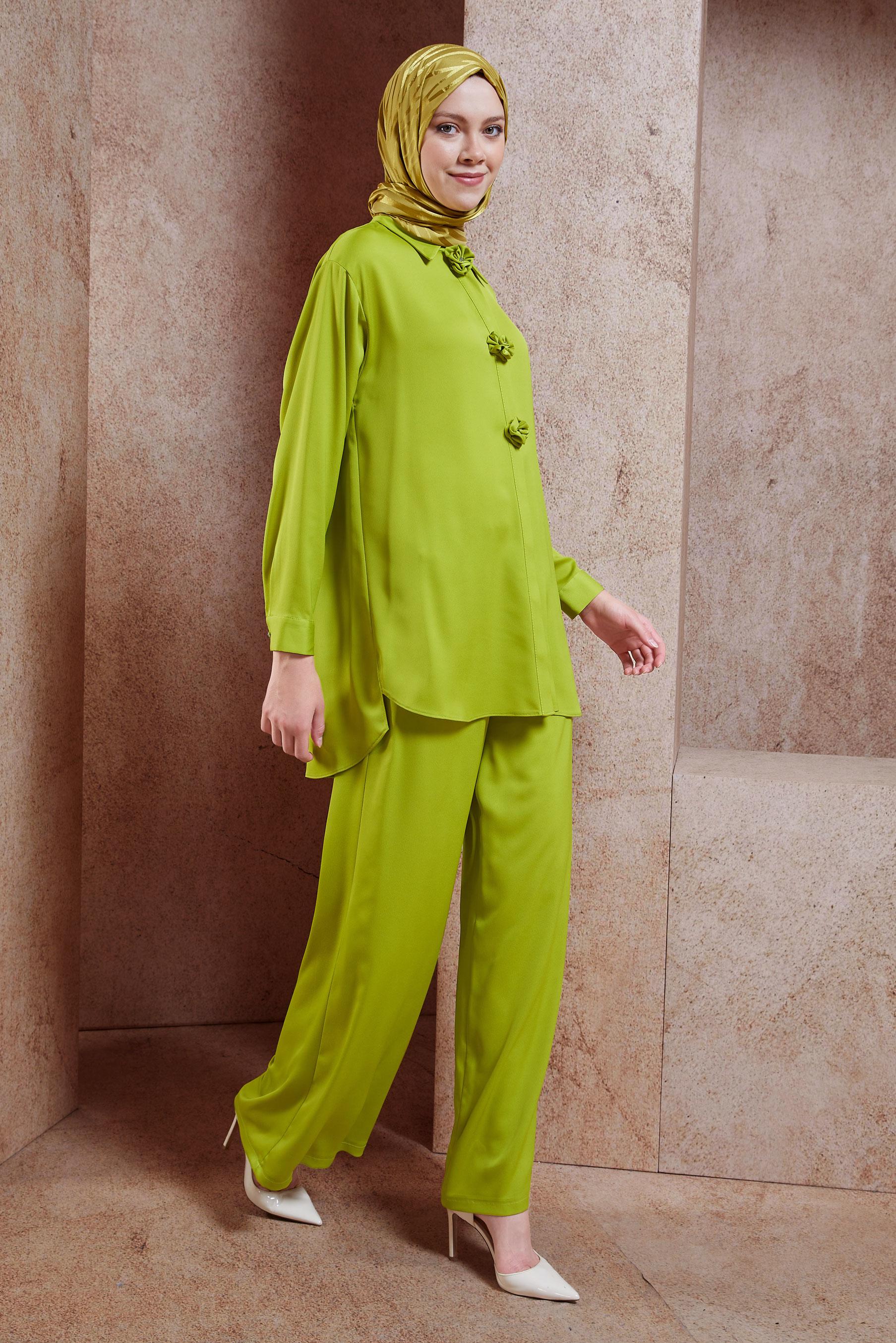 Tesettür giyim YEŞİL PANTOLONLU SATEN TAKIM 44757