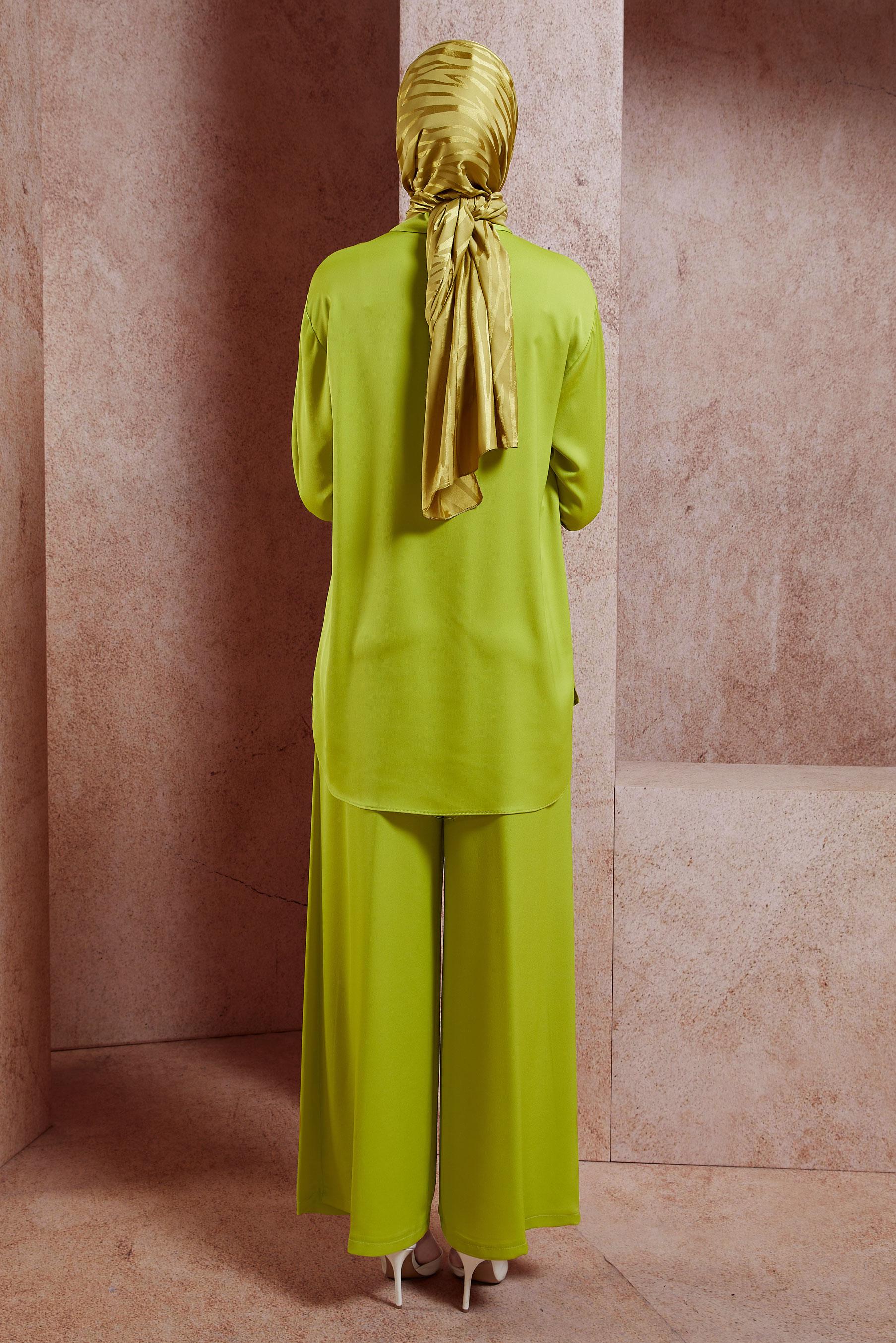 Tesettür giyim YEŞİL PANTOLONLU SATEN TAKIM 44757