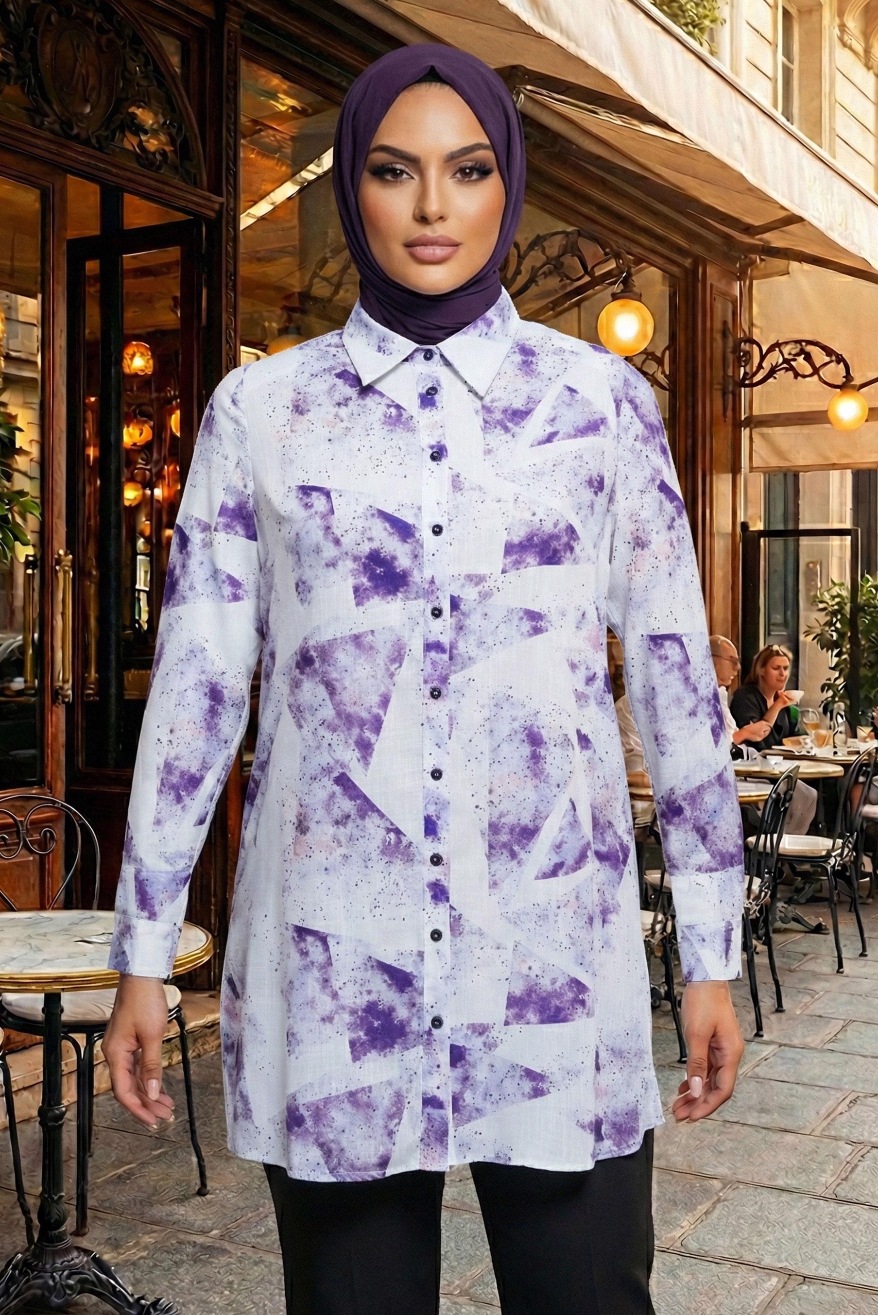 Tesettür giyim MOR DESENLİ BÜYÜK BEDEN TUNİK 20512