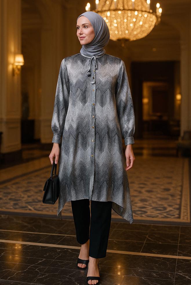 Tesettür giyim SİYAH DESENLİ BÜYÜK BEDEN TUNİK 20521 - ALVİNA