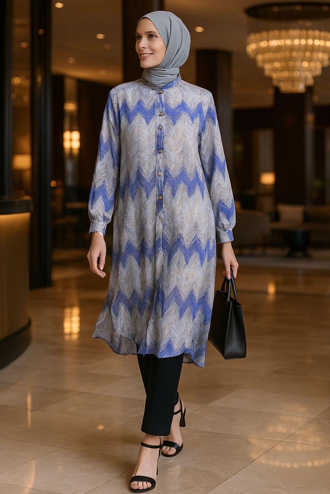 Tesettür giyim LACİVERT DESENLİ BÜYÜK BEDEN TUNİK 20521 - ALVİNA