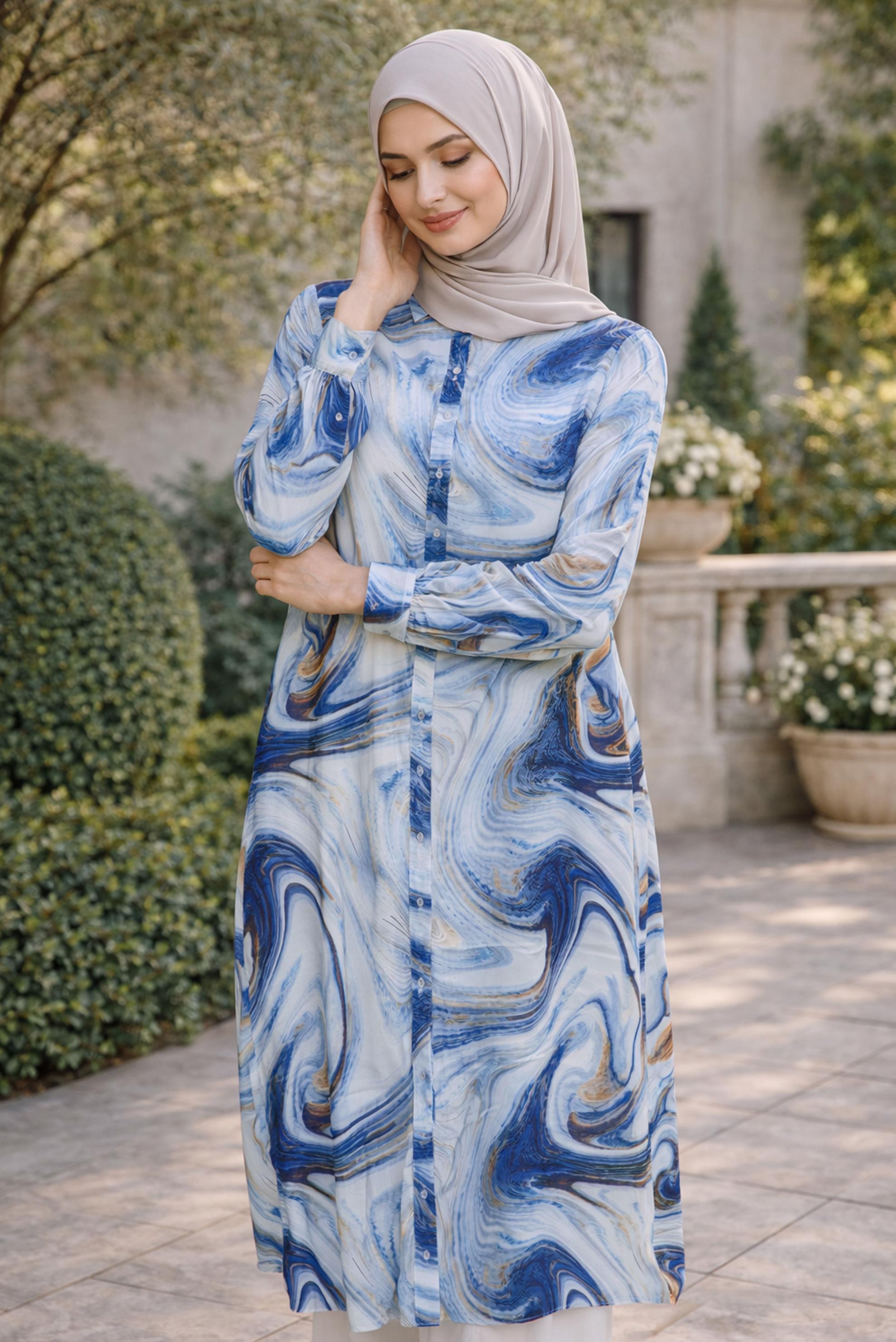 Tesettür giyim LACİVERT BÜYÜK BEDEN DESENLİ SATEN TUNİK 20522