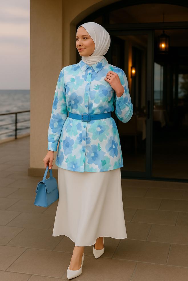 Tesettür giyim MAVİ DESENLİ BÜYÜK BEDEN TUNİK 20536 - ALVİNA