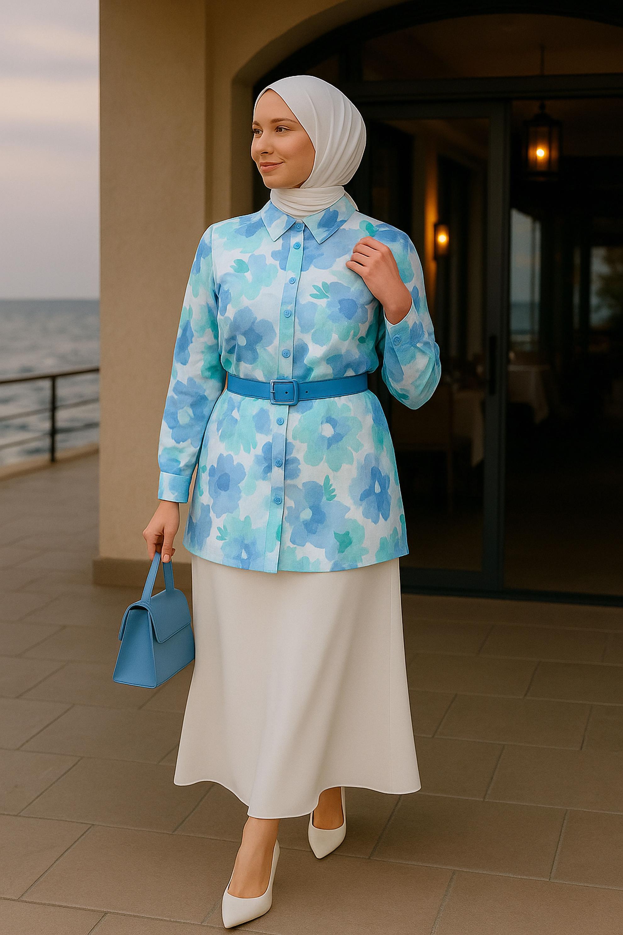 Tesettür giyim MAVİ DESENLİ BÜYÜK BEDEN TUNİK 20536